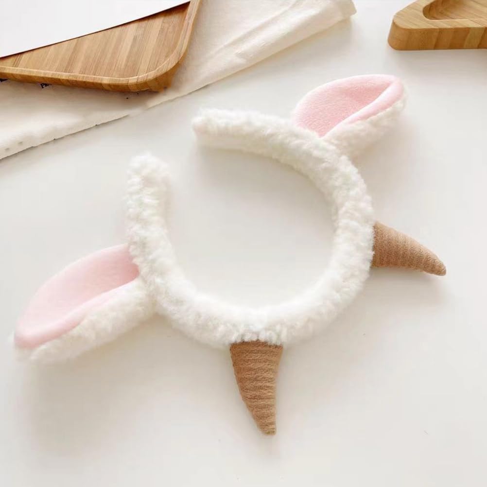 CALLARON Sheep Ear Headband with Horns - Cute Animal Hairband for Women & Kids - Goat Costume Accessory for Halloween, Cosplay, Parties & Festivals - 9.04x9.82 Inch Furry Headwear