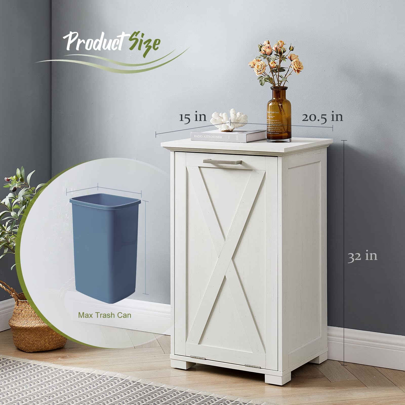 10-Gallon Tilt-Out Trash Can Cabinet with Odor Control - Pull-Out Recycling Garbage Bin with Spacious Wooden Top for Kitchen, Bedroom & Laundry - Perfect for Waste Management & Home Organization (White)