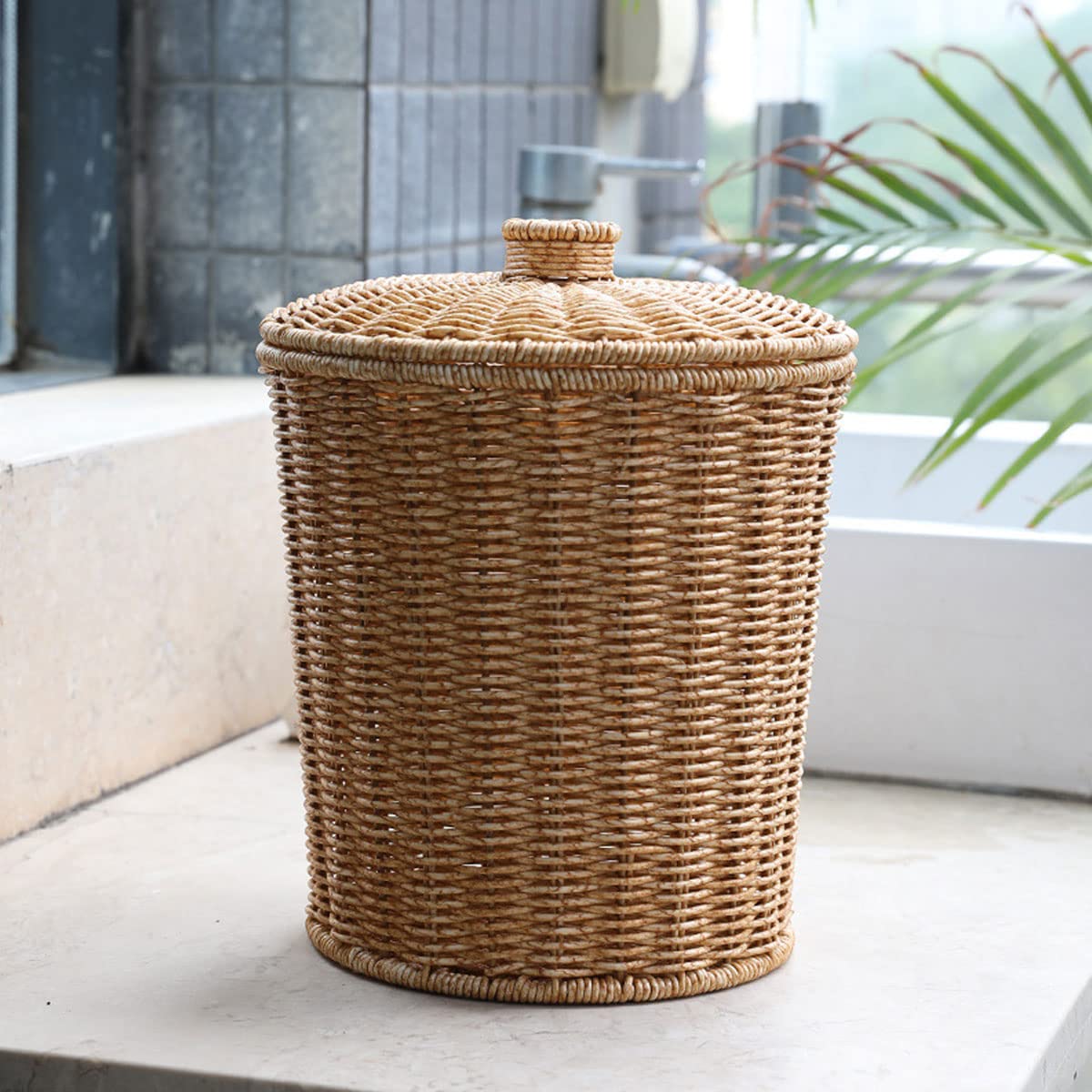 Khaki Round Storage Basket with Lid - Creative Rattan Style Organizer for Home, Office & Bathroom - Multipurpose Storage Bucket for Sundries & Closet Organization (Brown)