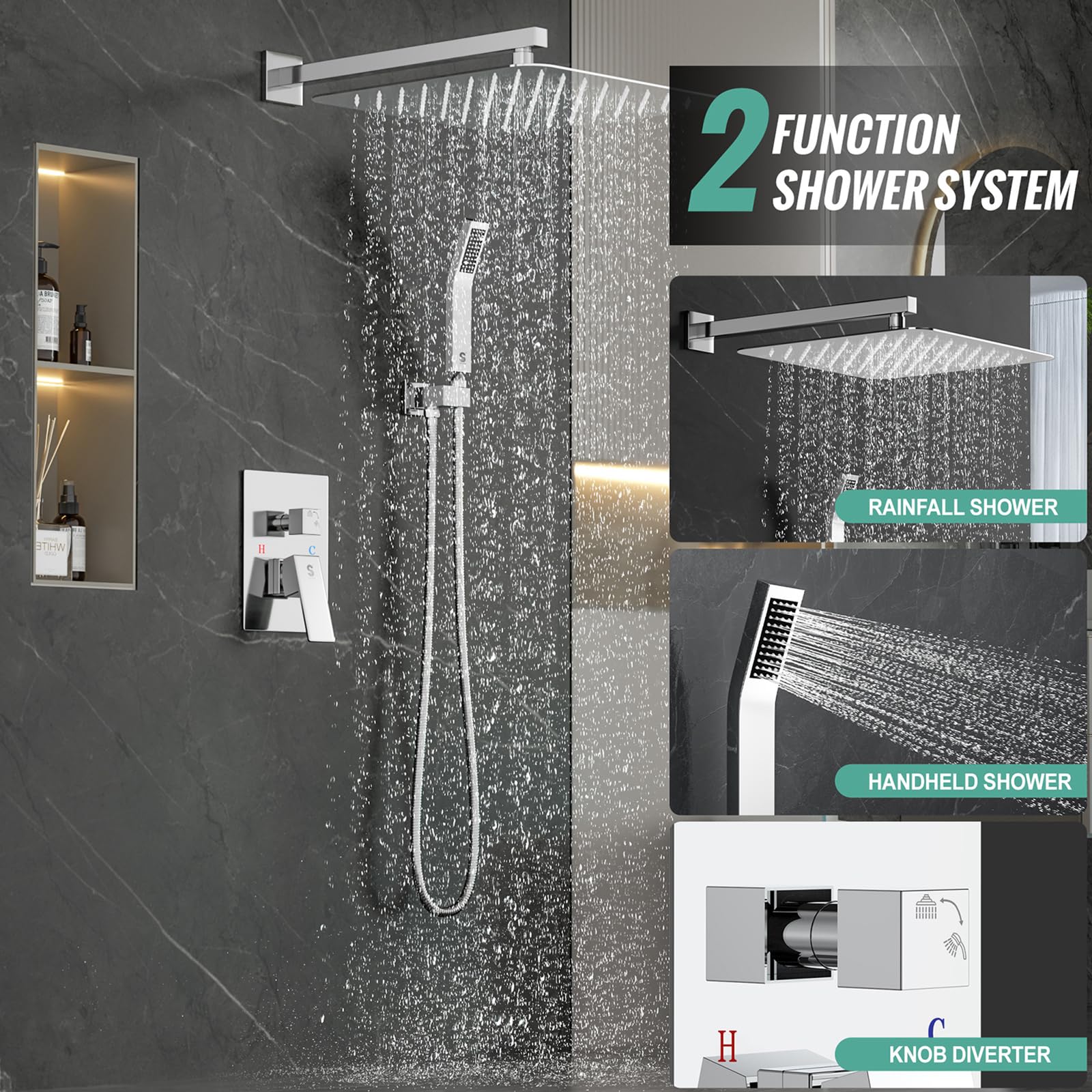 SR SUN RISE Polished Chrome Square Rainfall Shower Head and Handle Set - Wall Mounted Shower Fixtures with Metal Faucet Trim & Valve (16 Inch) - Perfect for Modern Bathroom Renovation and Spa-Like Shower Experience