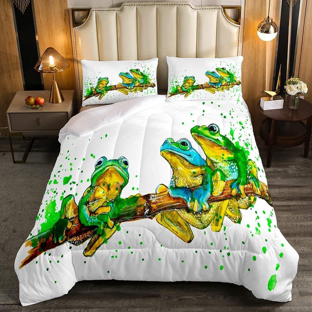 Erosebridal Cartoon Frog Comforter Set King Size - Green Tie Dye Down Comforter with Tree Branch Quilted Design, Soft Animal Duvet Insert for Kids & Adults - Perfect for Cozy Bedrooms, Nursery Decor & Guest Room Bedding