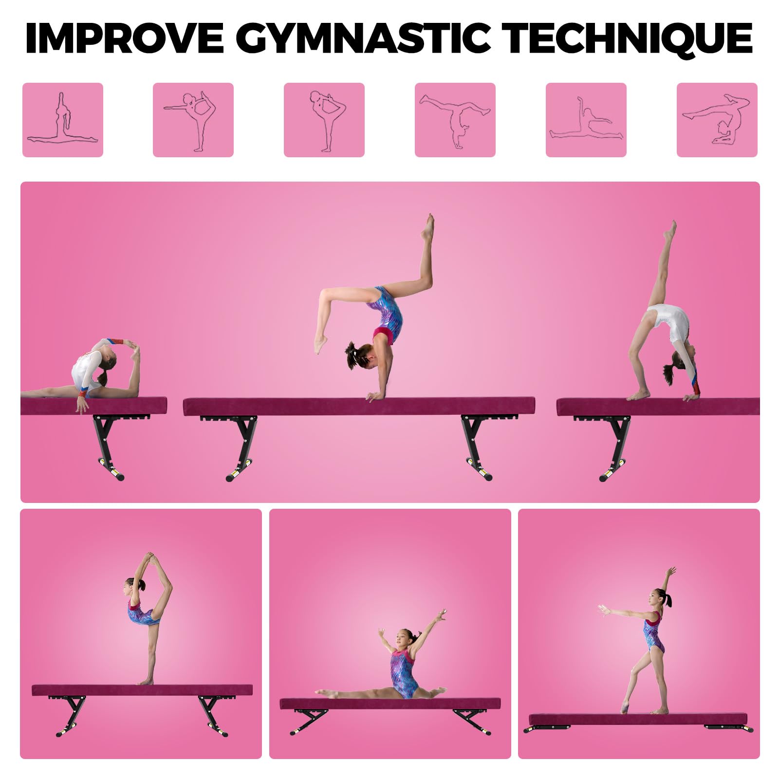 8ft Adjustable Balance Beam for Gymnastics - FINCOME High/Low Floor Beam with Legs for Kids & Adults - Professional Training Equipment for Home, Gym & Clubs - Perfect for Practice, Exercise & Skill Development