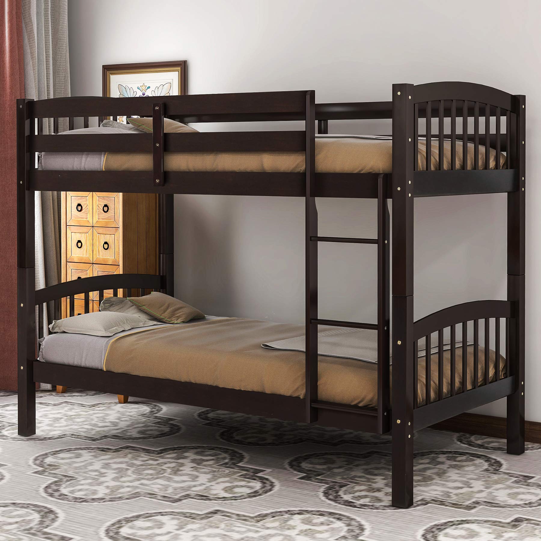 Merax Twin Over Twin Wooden Bunk Bed Frame with Ladder - Espresso Finish | Space-Saving Kids Bedroom Furniture for Siblings or Sleepovers