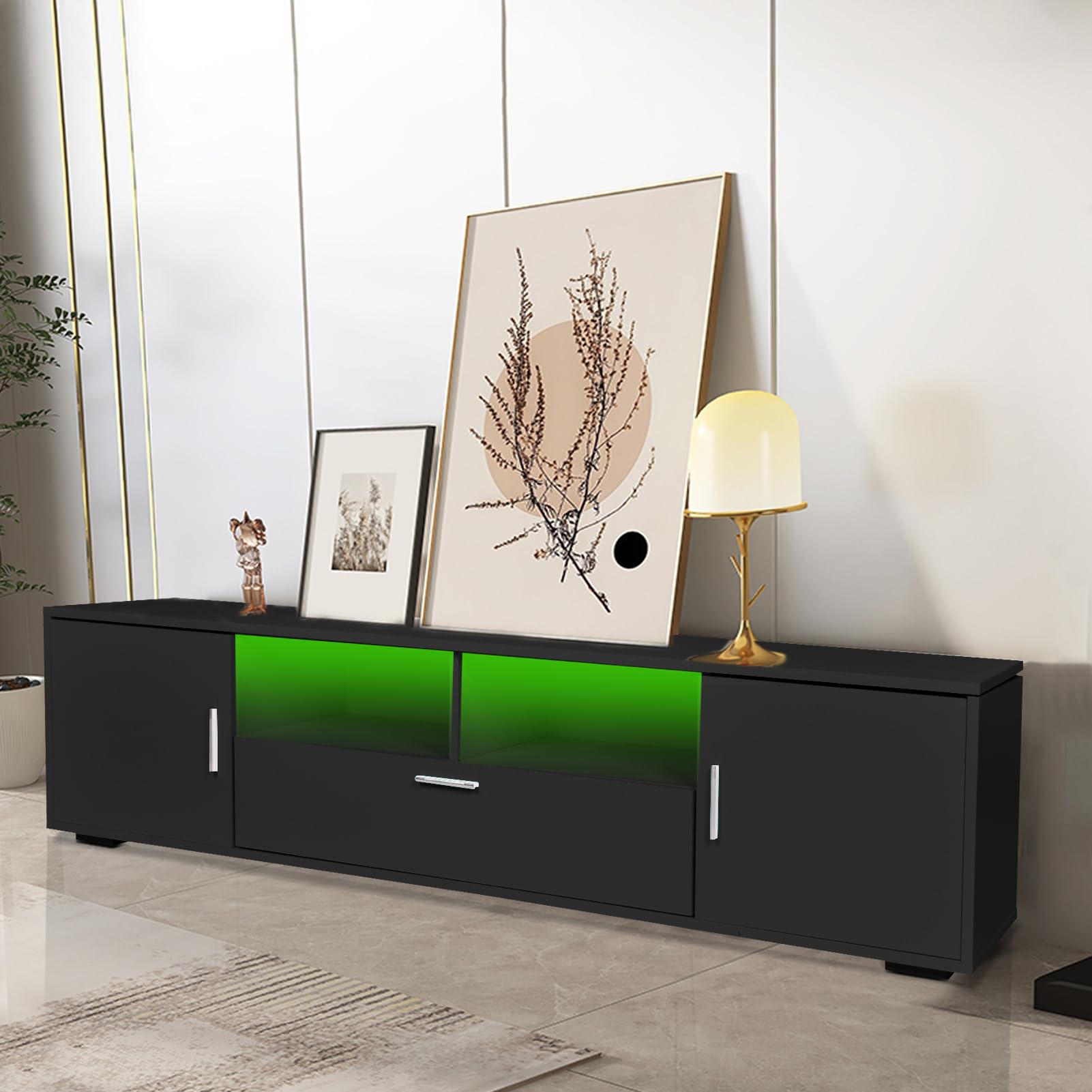 65 Inch LED TV Stand with Storage - Modern TV Console Table Entertainment Center for Living Room, Bedroom & Office - Black Gaming TV Cabinet with 5 Shelves & 3 Drawers - Perfect for Home Theater & Apartment Furniture