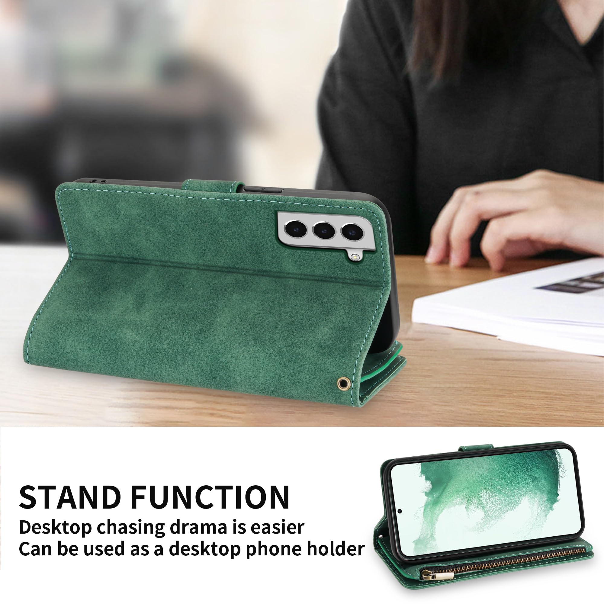 Premium Soft PU Leather Zipper Flip Wallet Case for Samsung Galaxy S22 Plus (6.6 Inch) - Card Slots, Wrist Strap & Kickstand | Protective Folio Cover for Everyday Use, Travel & Business (Green)