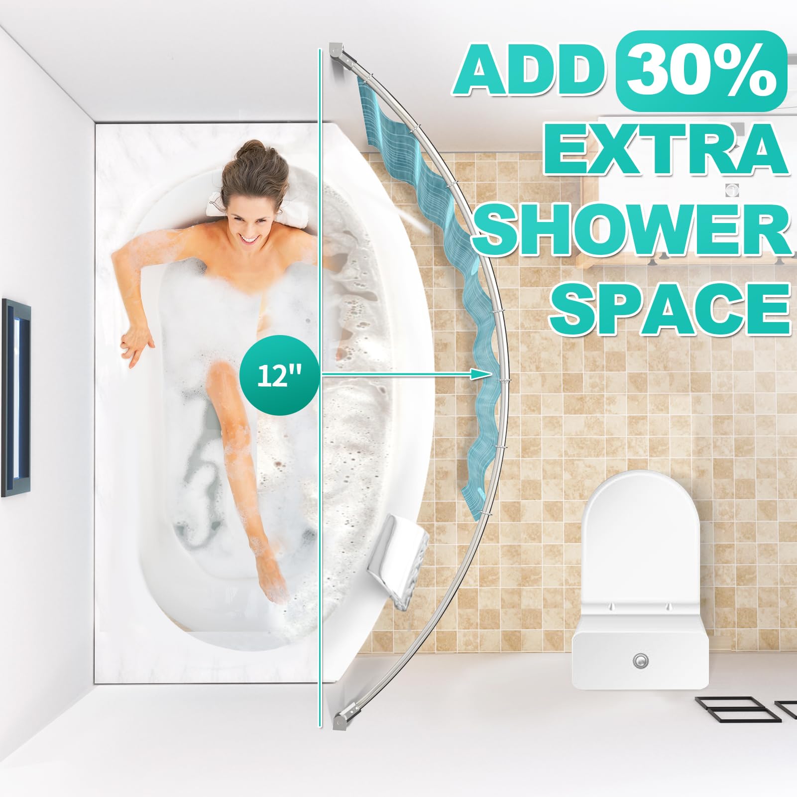 Adjustable Curved Shower Curtain Rod 38-72 Inches - Heavy Duty Metal Bathroom Shower Rod with Rotating Brackets for Spacious Showers (Drill Required, Nickel Finish) - Perfect for Modern Bathrooms & Walk-In Showers