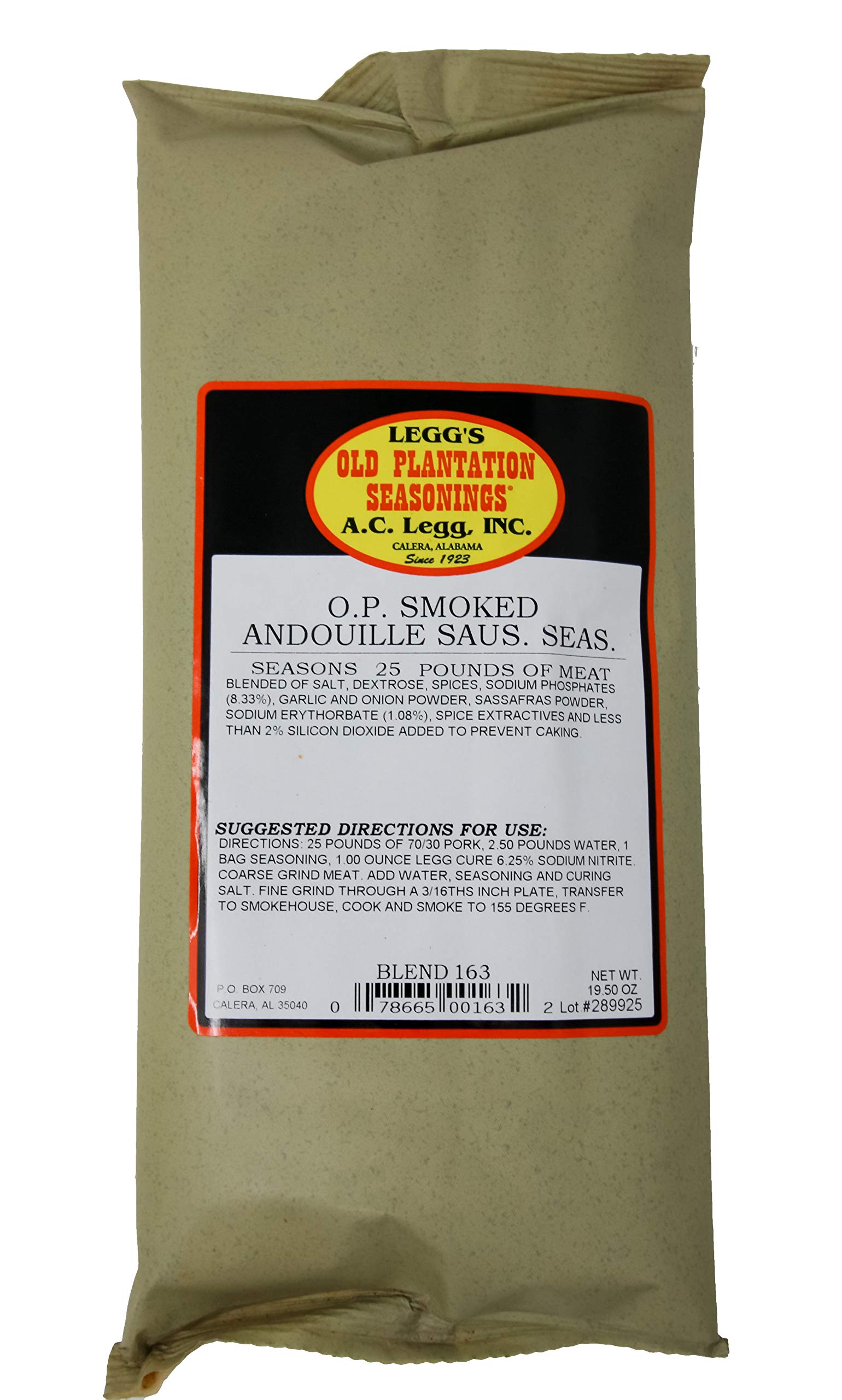 A.C. Legg's OP Smoked Andouille Sausage Seasoning - 19.5 oz (for 25 lbs of Meat) with Cure - Perfect for Homemade Sausages, BBQ, and Cajun Cooking