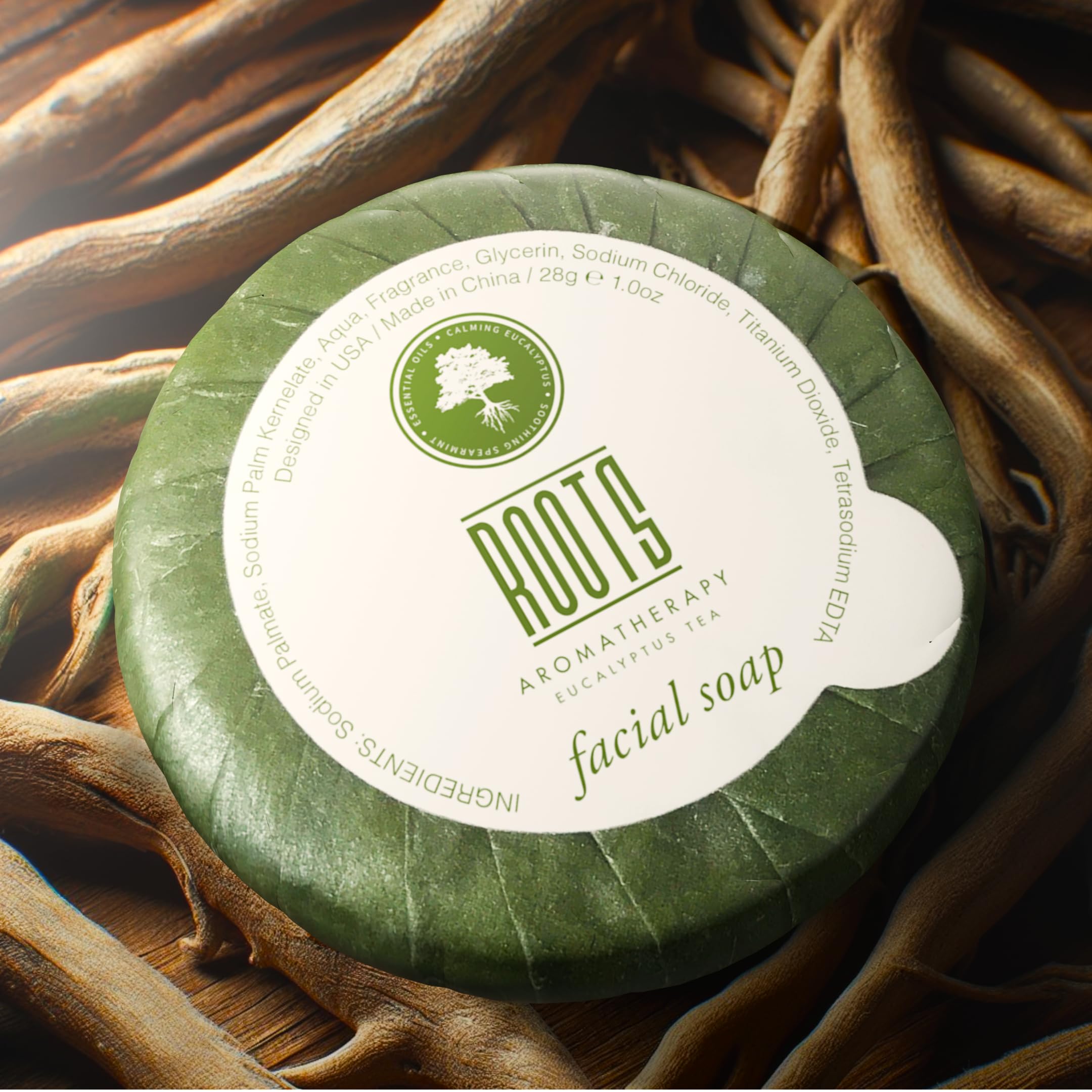 **Roots Aromatherapy Eucalyptus Tea Facial Soap - 1oz/28g Travel Size (30 Pack) - Bulk Hotel Toiletries for Bathroom, Guests, Lodging & Motels - Perfect for Travel, Spa & Home Relaxation**