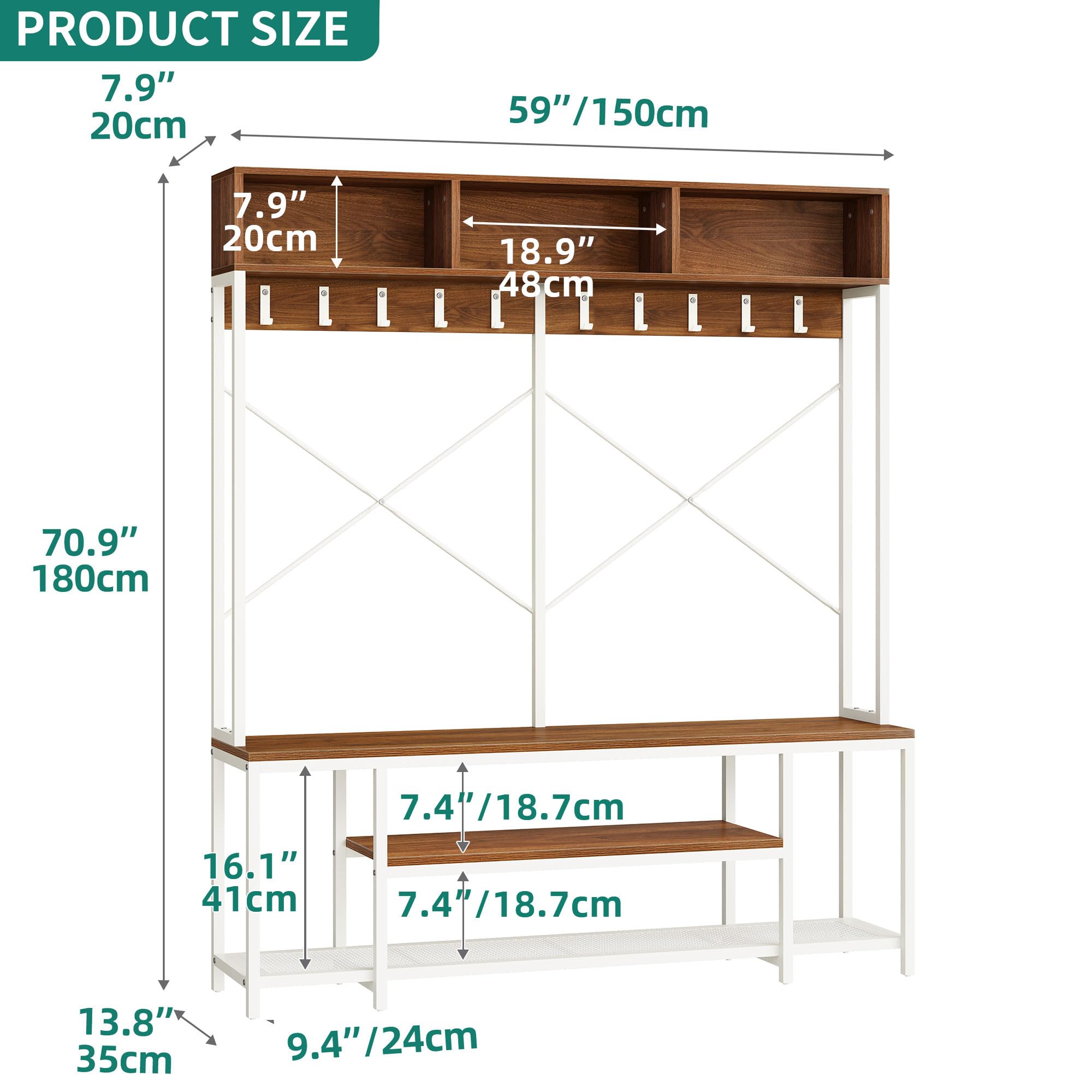 YITAHOME 5-in-1 Industrial Entryway Bench with Coat Rack & Shoe Storage - Freestanding Hall Tree with 10 Hooks & Shelves for Hallway, Bedroom, Living Room - Walnut/White Finish - Perfect for Small Spaces & Home Organization