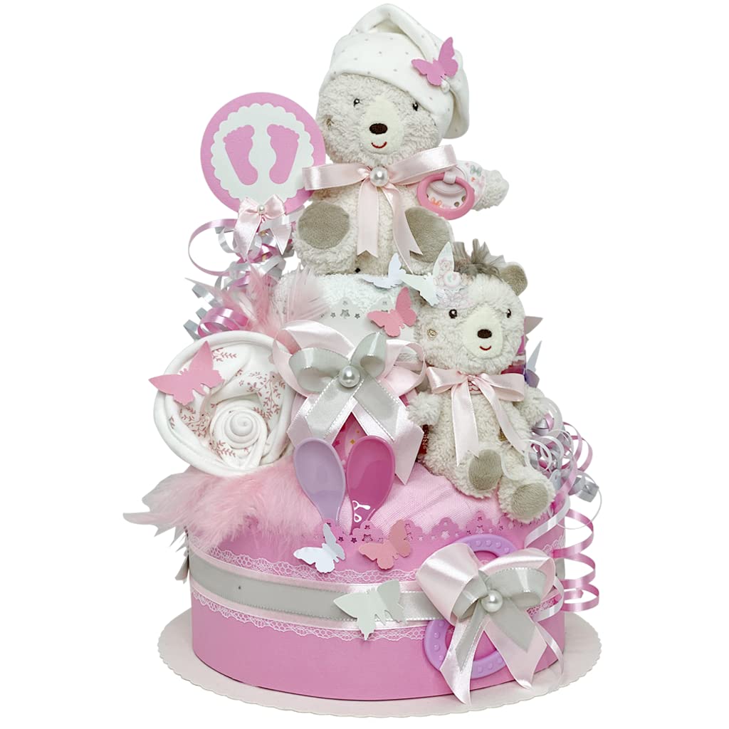 MomsStory - Premium 2-Tier Nappy Cake Gift Set for Baby Girls | XL Teddy Bear Diaper Cake in Pink & Grey | Perfect for Birth, Christening & Baby Shower Gifts | Ideal for Newborn Celebrations & Nursery Decor