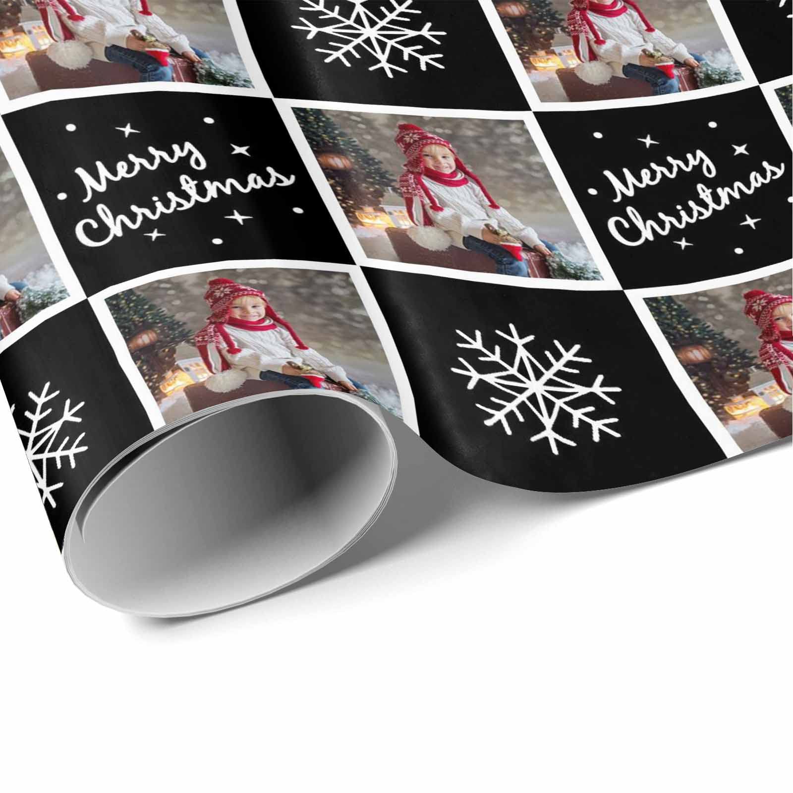 MyPupSocks Custom Photo Wrapping Paper - Personalized Christmas Snowflake Black Gift Wrap Roll (58x23 inches) for Kids, Boys & Girls - Perfect for Birthday, Anniversary & Holiday Presents - 5 Rolls - Great for DIY Gifts, Party Decorations & Special Occasions