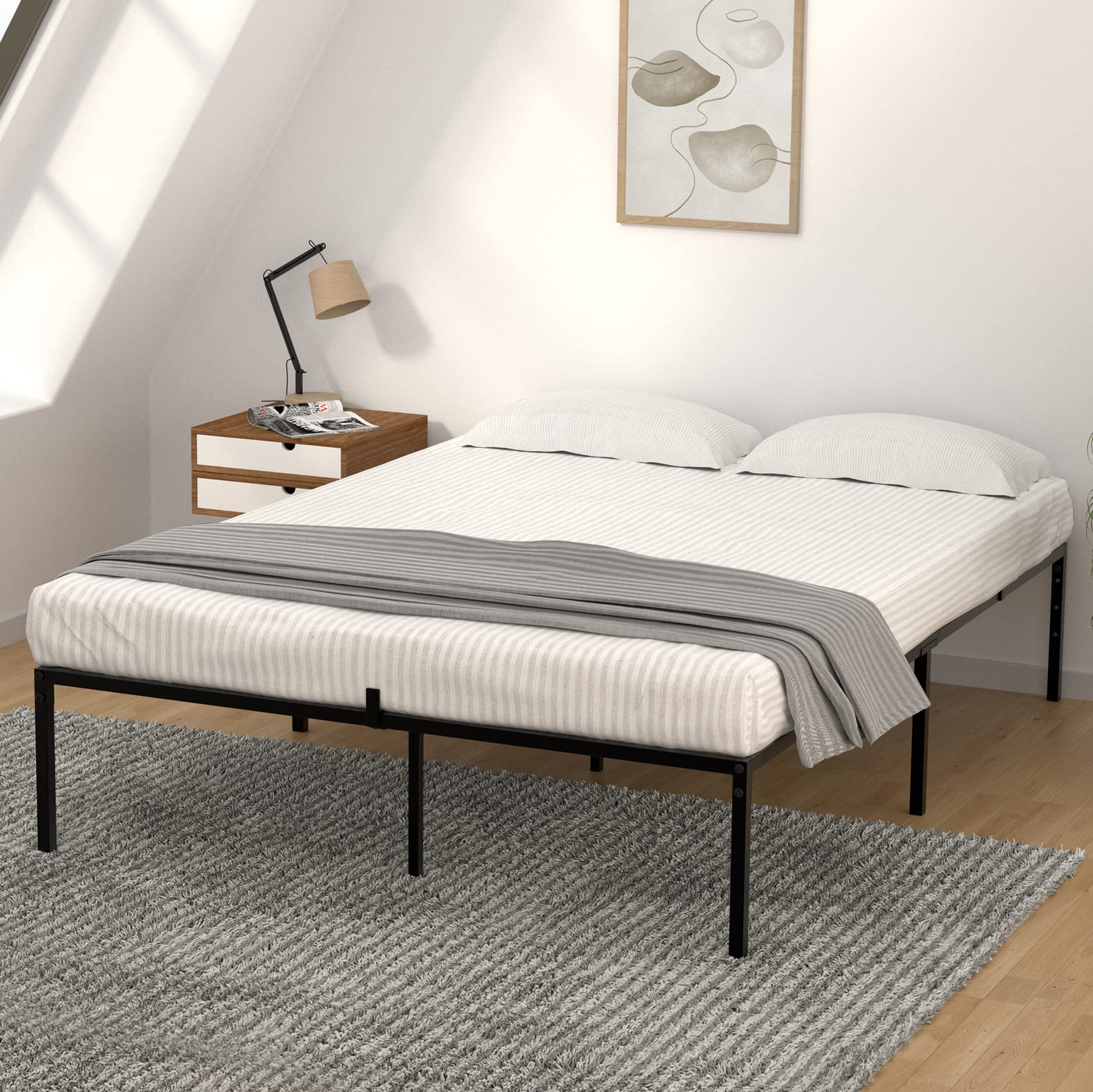 Alkmaar Queen Bed Frame with Storage - 13 Inch Heavy Duty Metal Platform Bed Frame with Steel Slat Support, No Box Spring Needed - Sturdy Mattress Foundation, Easy Assembly (Black, Queen Size) - Perfect for Small Bedrooms, Guest Rooms & Dormitories