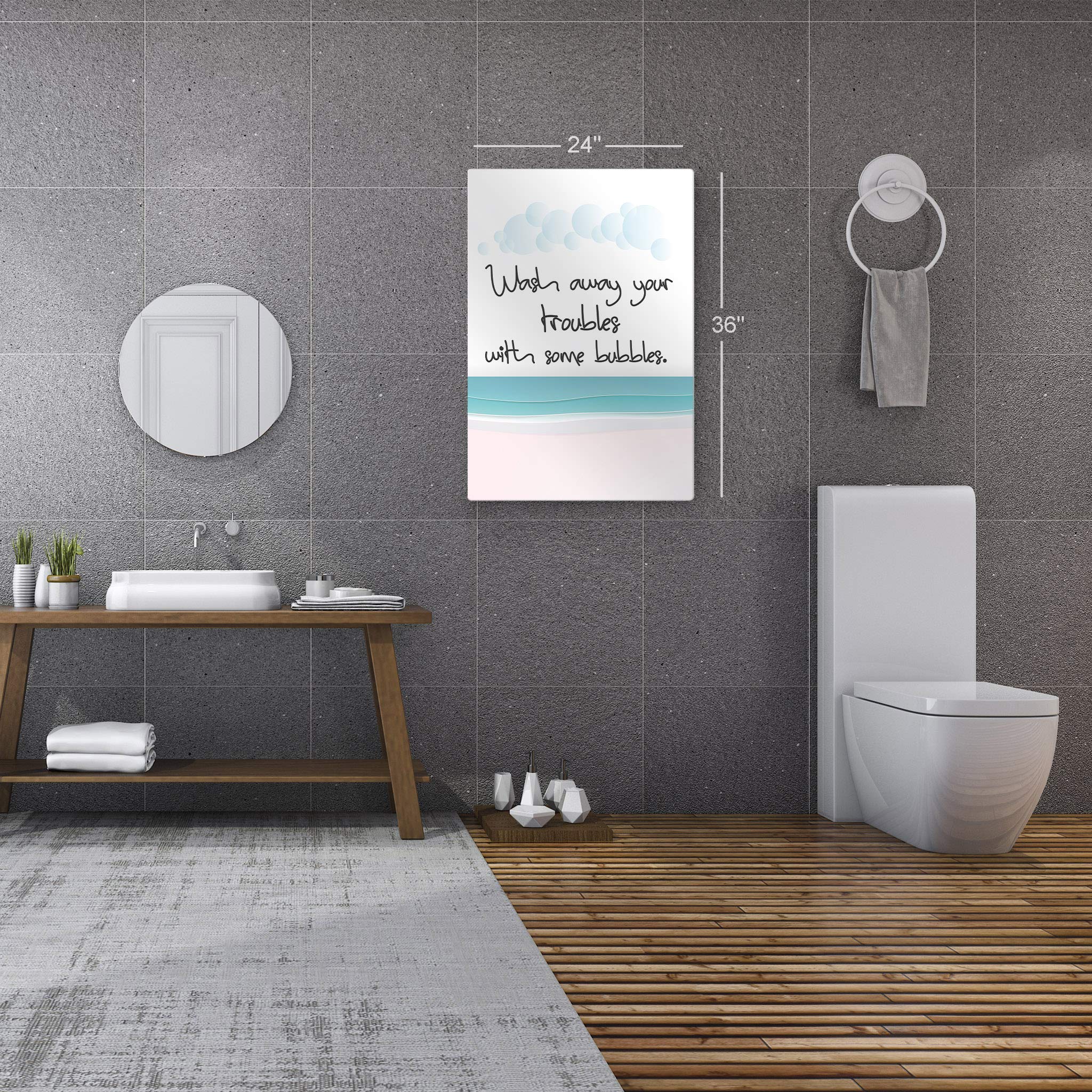 Smile Art Design 'Wash Away Your Troubles with Some Bubbles' - Funny Bathroom Quote Metal Print Wall Art - Ready to Hang Home Decor (40x30 Inches) - Made in USA - Perfect for Bathroom, Spa, or Relaxation Area Decor