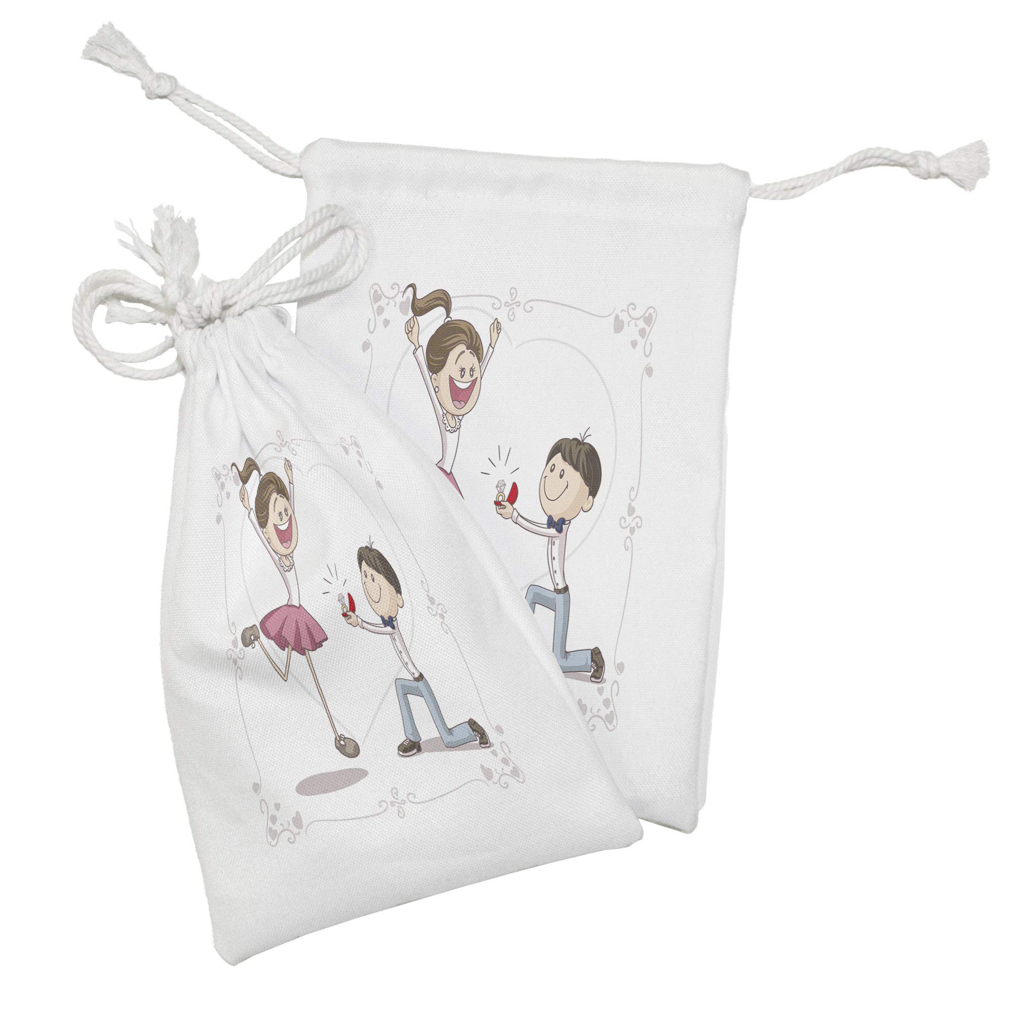 Ambesonne 2-Pack Engagement Party Fabric Pouches - Romantic Couple & Wedding Ring Cartoon Design, Small Drawstring Bags (9