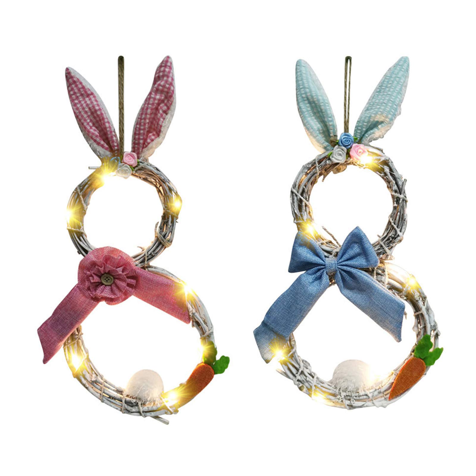 2 Pack Easter Bunny Wreath with LED Lights - 19 Inch Handmade Rattan Spring Rabbit Wreath for Front Door, Wall & Window Decor - Perfect for Easter Party, Home & Holiday Decorations