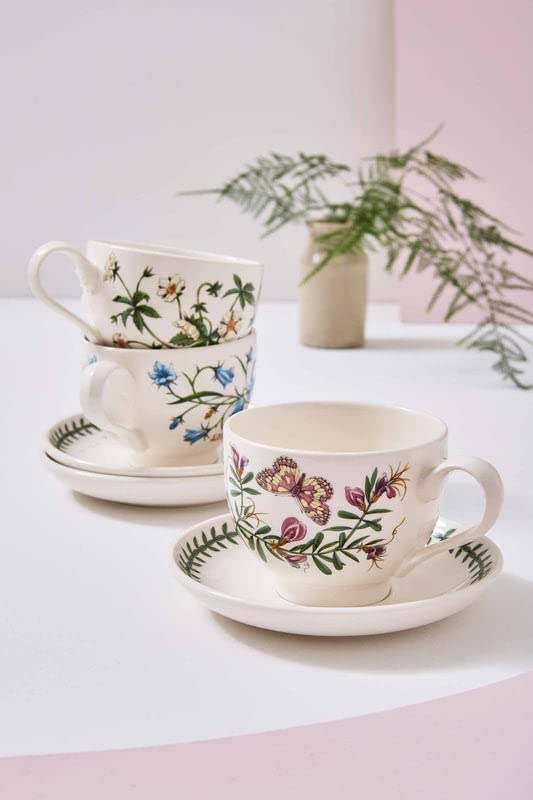 Portmeirion Botanic Garden 10oz Teacup and Saucer Set of 6 - Assorted Floral Designs Fine Earthenware Tea Cups - Chip Resistant, Dishwasher & Microwave Safe - Made in England - Perfect for Afternoon Tea, Bridal Showers & Elegant Dining