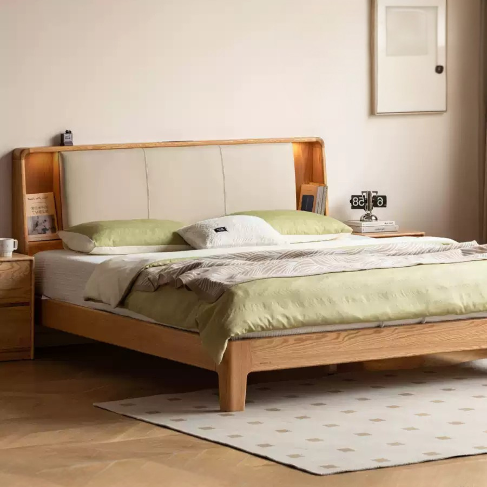 Solid Oak Wood Leather & Fabric Luminous Bed with Shelf - Modern Platform Bed Frame with Storage for Bedroom, Guest Room, or Dorm