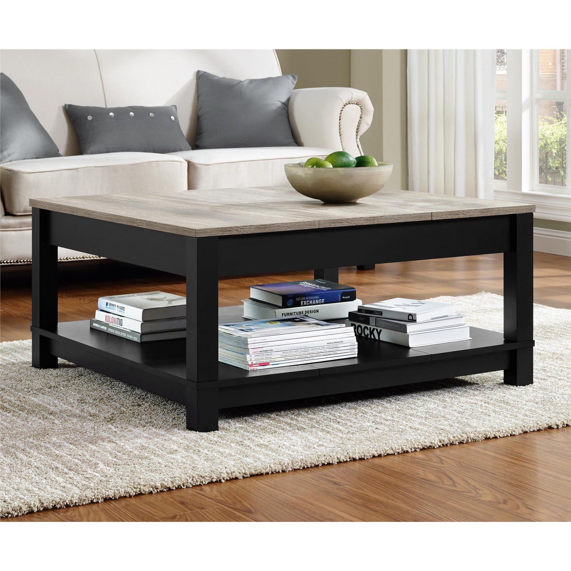 Ameriwood Home Carver Coffee Table with Open Storage - Matte Black & Distressed Wood Grain - Modern Farmhouse Living Room Furniture for Small Spaces (36.5