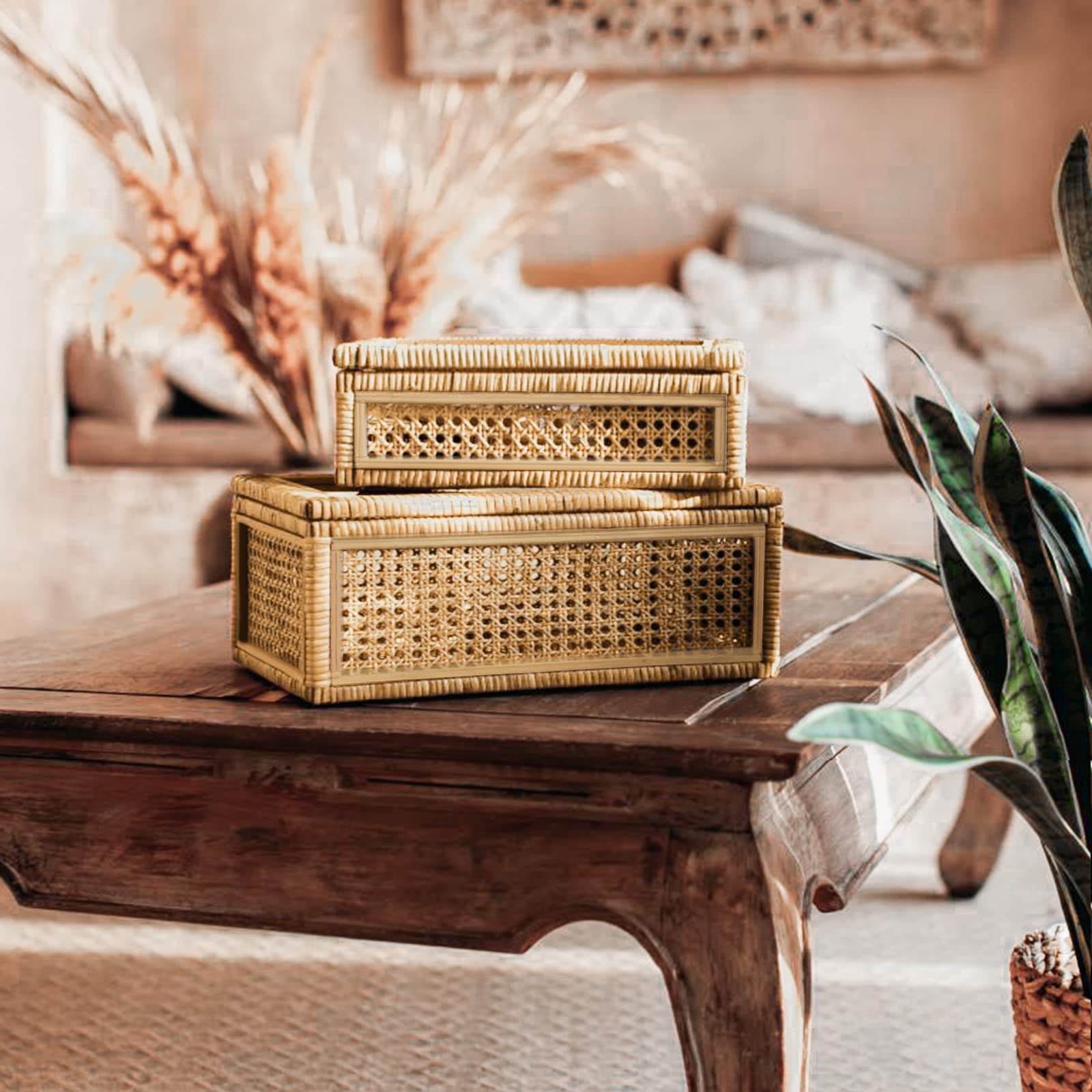 Handwoven Boho Rattan Storage Boxes with Glass Lids - Set of 2 Natural Woven Cane Organizer Bins for Home Decor, Jewelry & Bathroom Storage | Stylish Rectangular Display Box for Shelves, Dressers & Vanities