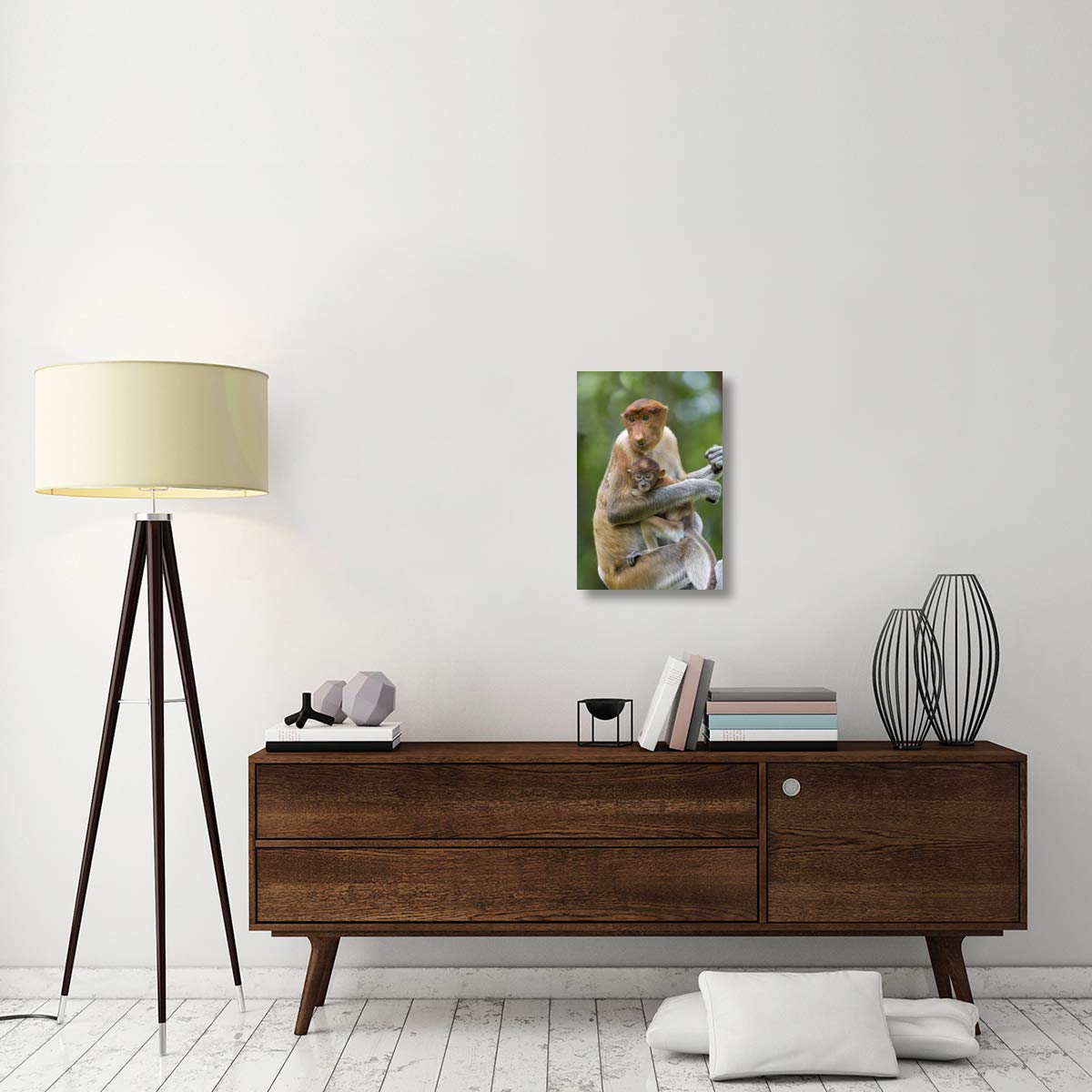 Proboscis Monkey Mother Holding Baby Canvas Art Print - 16x24 Inches - Wildlife Wall Decor for Living Room, Bedroom & Office - Sabah, Malaysia Nature Photography