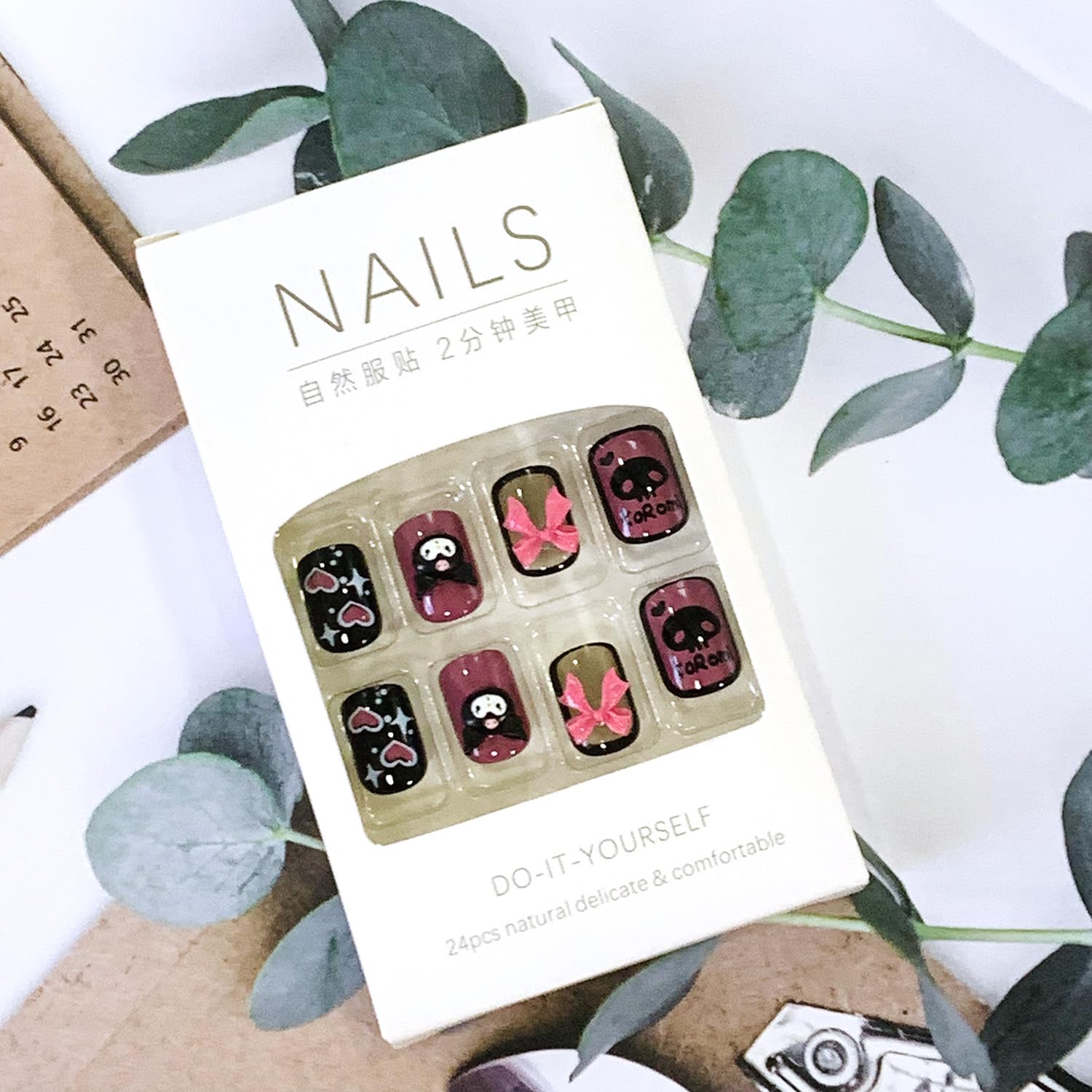 24Pcs Cute Short Square Press on Fake Nails - Glossy Black Acrylic False Nails with Heart Bow Designs for Women & Girls | Full Cover Artificial Nails with Glue | Perfect for Parties, Weddings & Daily Wear