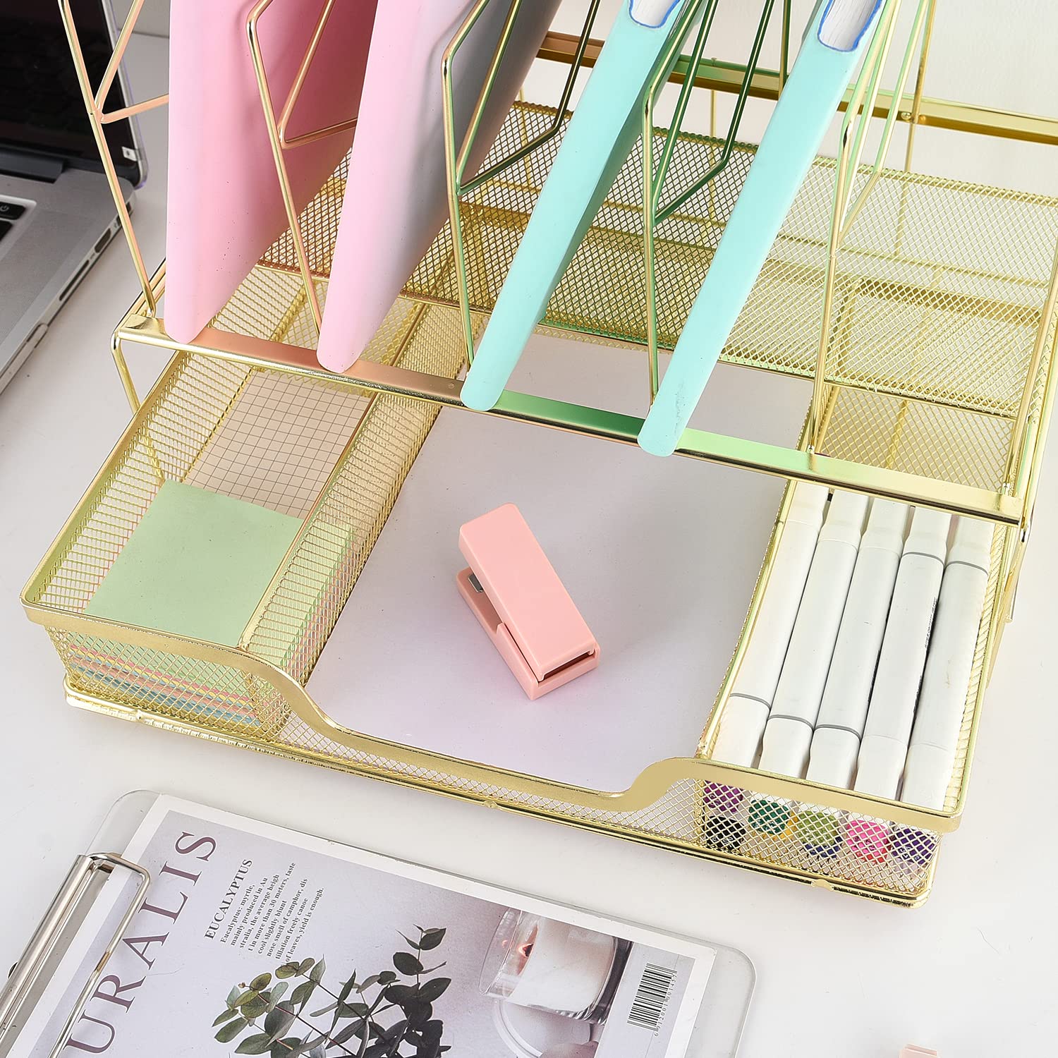 Premium Gold Desk Organizer with Sliding Drawer - 5-Section Upright File Sorter for Office Supplies | Perfect for Home Office, Workspace & School Organization