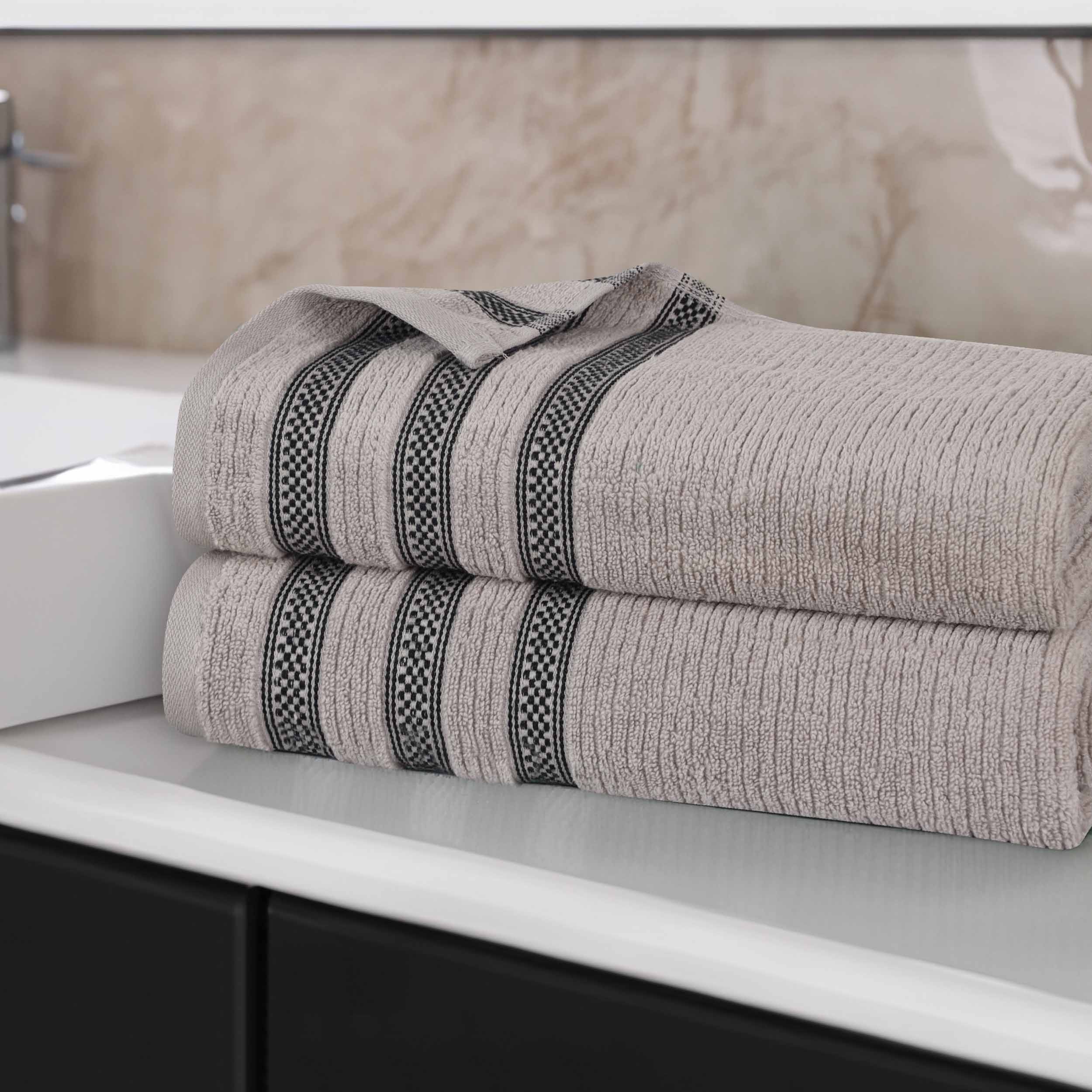 Premium Zero Twist Cotton Ribbed Geometric Border Plush Bath Sheet Set of 2 - Ultra Soft & Absorbent Luxury Towels for Spa, Bathroom & Beach Use