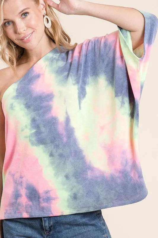 BiBi Tie Dye French Terry One Shoulder Dolman Top | Trendy Women's Casual Shirt | Perfect for Summer Outfits, Beach Wear & Music Festivals