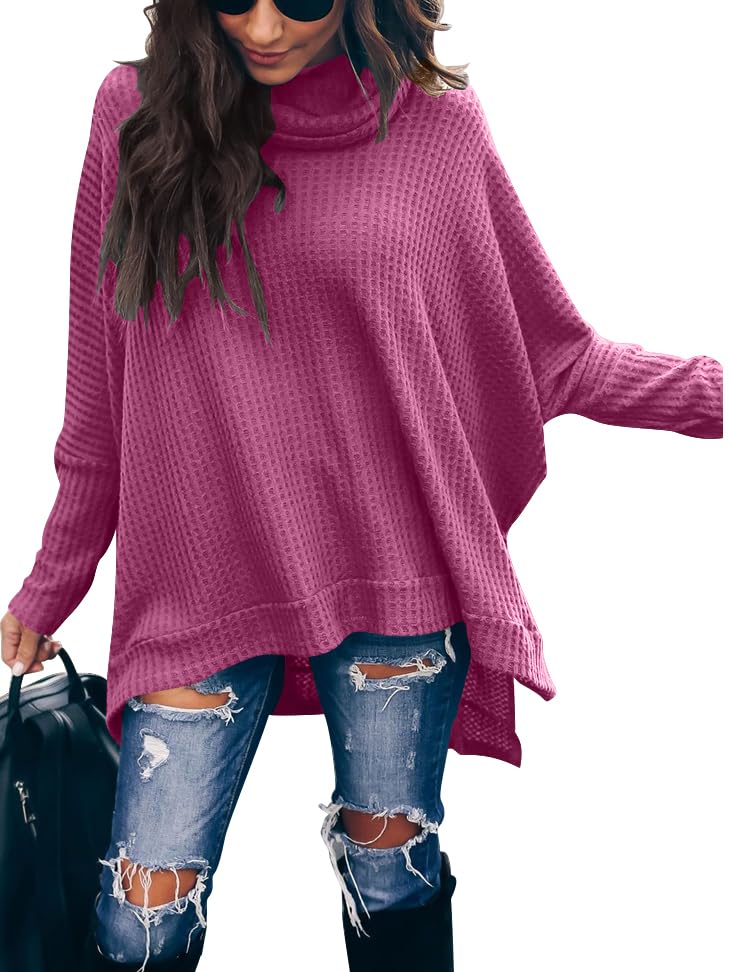 Caracilia Women's Oversized Turtleneck Sweater - Batwing Long Sleeve Waffle Knit Pullover with Split Hem | Cozy Winter Tunic Top for Casual Outfits, Office Wear & Holiday Fashion 2024