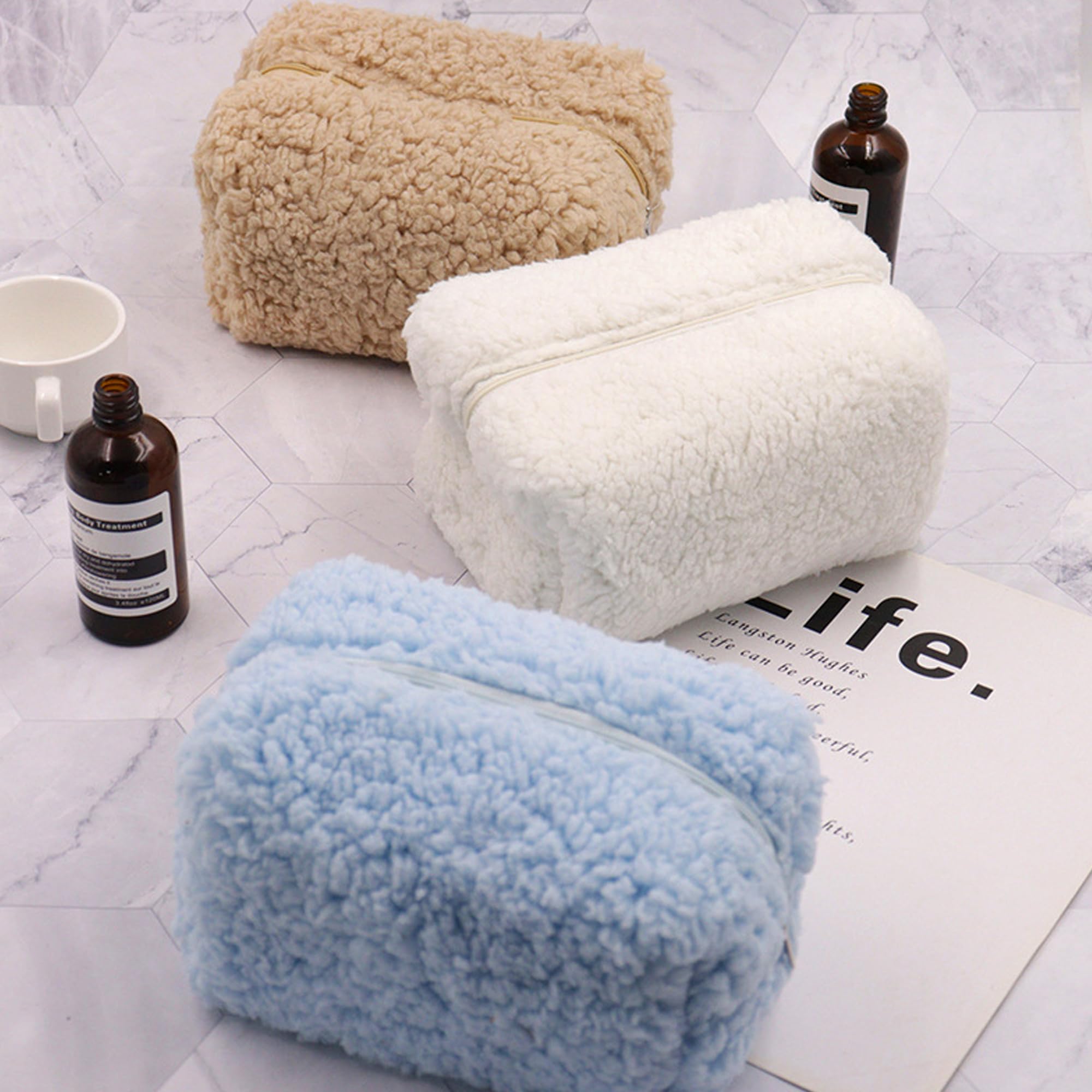 Fluffy White Plush Makeup Bag with Zipper - Portable Mini Skincare Storage Pouch for Travel & Daily Use | Fashionable Small Cosmetic Organizer (White)