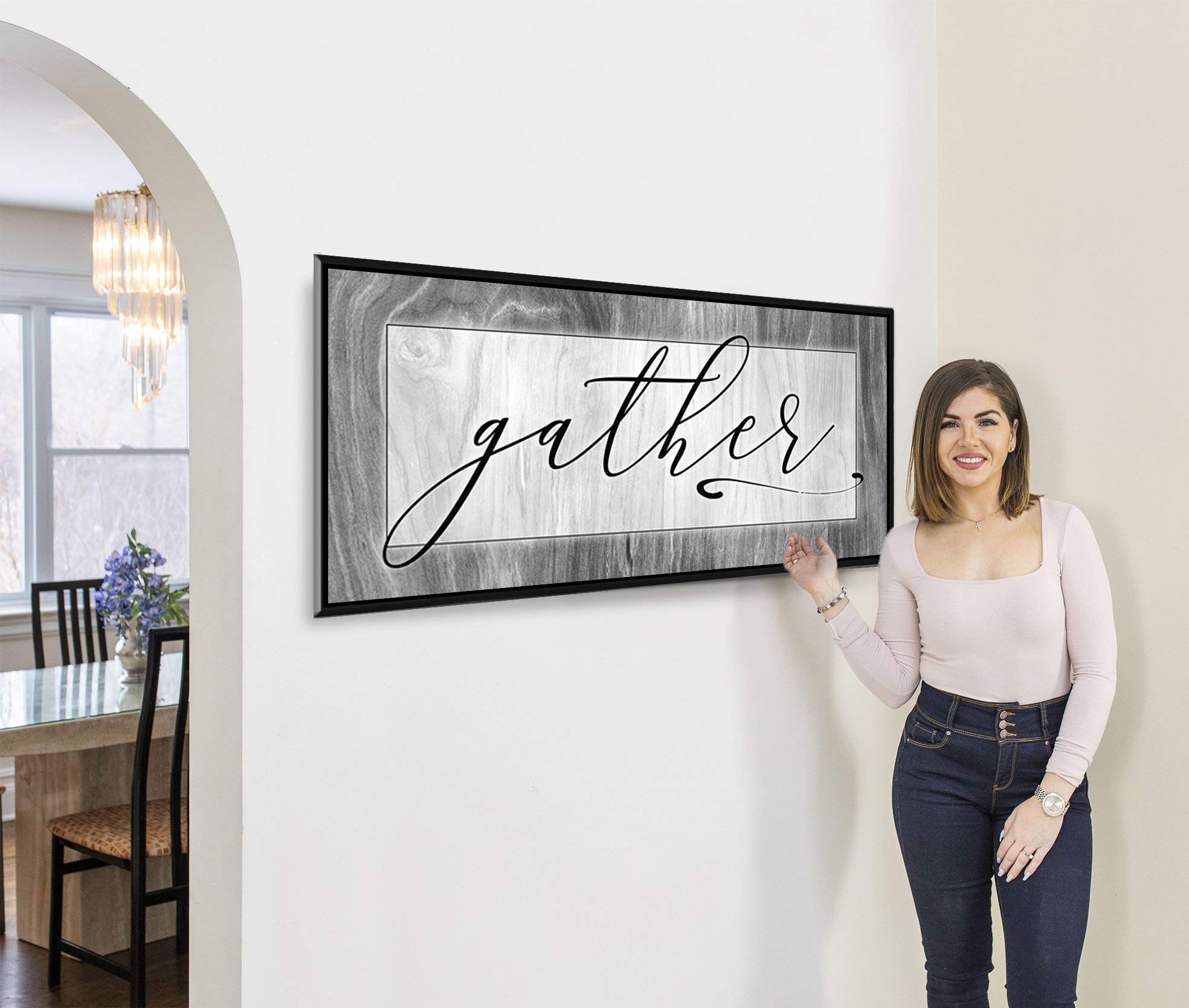 Farmhouse Style 'Gather' Pantry Sign - Light Grey Wooden Wall Decor for Kitchen, Dining Room & Living Room - 42 x 19 Inches - Rustic Home Decor for Family Gatherings & Cozy Farmhouse Aesthetics