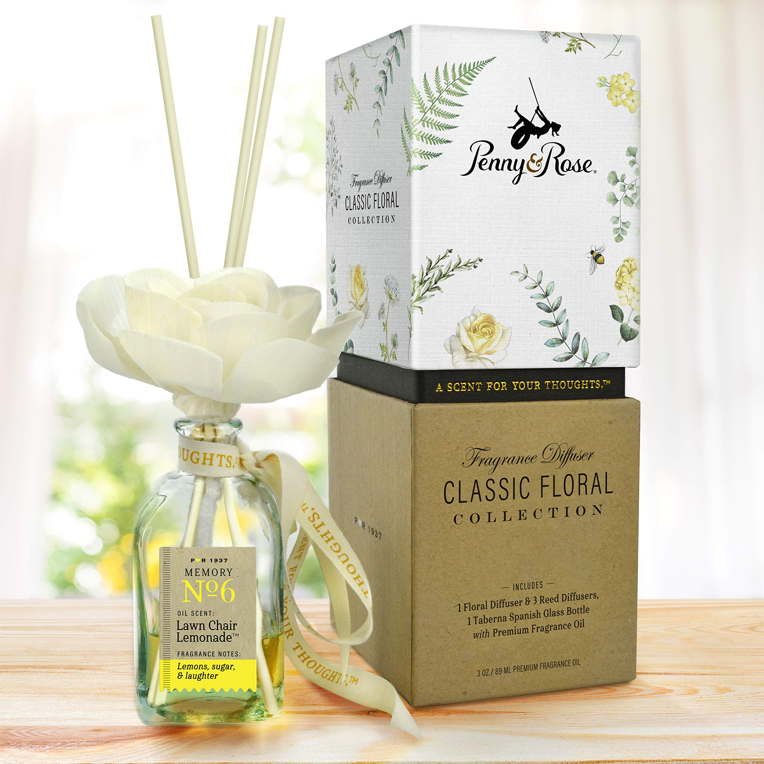 Penny & Rose Classic Floral Diffuser - Lawn Chair Lemonade Essential Oil Scent | Home Aromatherapy, Bedroom Decor & Gift Idea