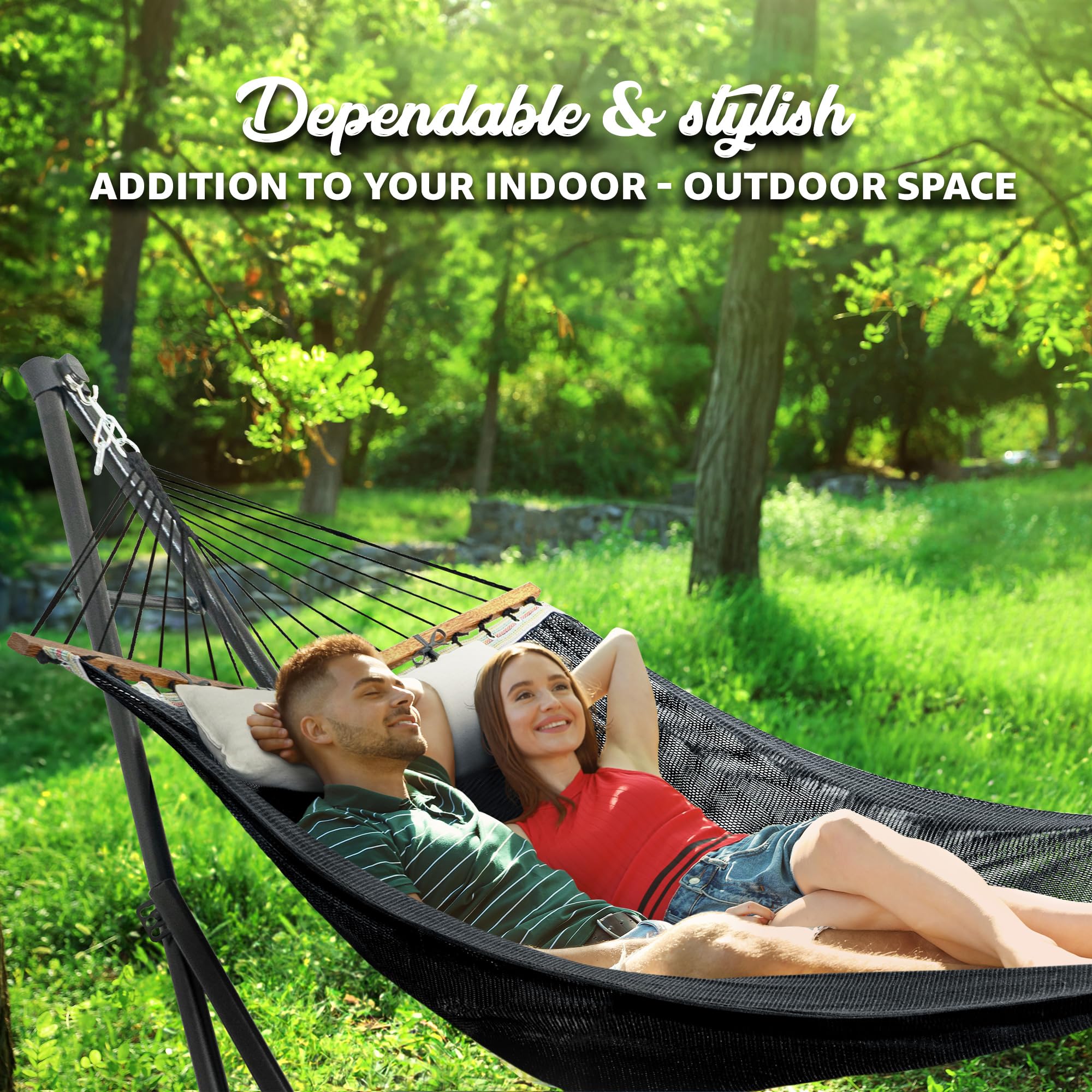 Tranquillo Unity Adjustable & Collapsible Hammock Stand with 800 lbs Capacity - Steel Double Hammock Stand for 2 Persons, Black - Perfect for Backyard, Camping, Beach & Outdoor Relaxation