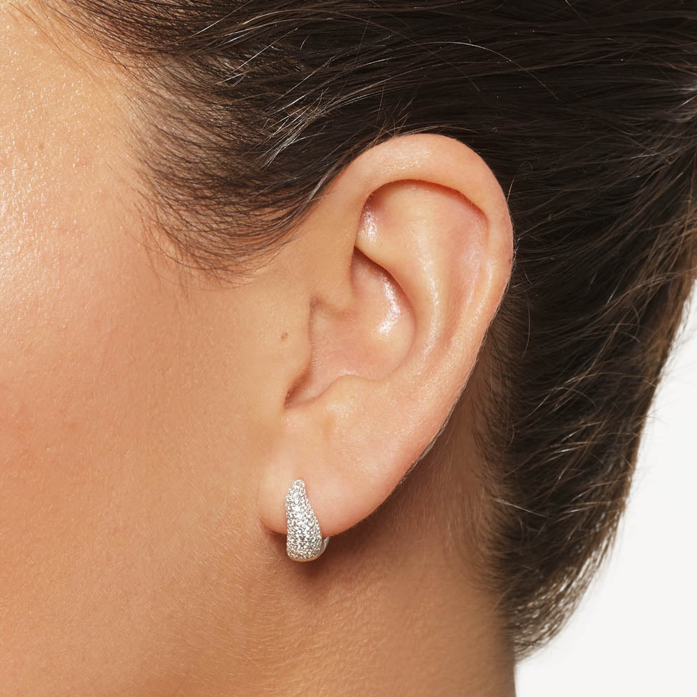Mini White Topaz Pave Wave Dome Huggie Earrings in Sterling Silver - Perfect for Everyday Wear & Special Occasions