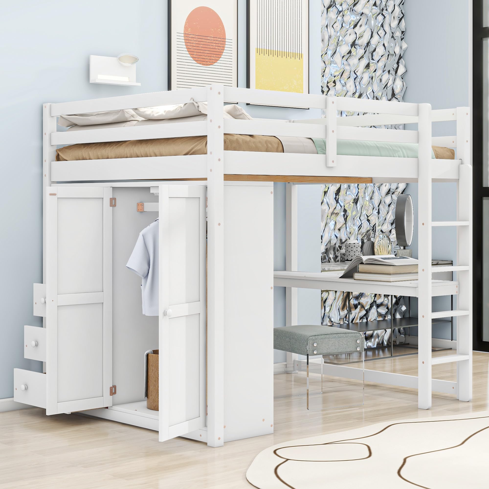 Full Size Wooden Loft Bed with Desk, Built-in Wardrobe & Storage Drawers - Space Saving Kids/Teens Bedroom Furniture with Shelves (White) - Perfect for Small Rooms, Dormitories & Studio Apartments