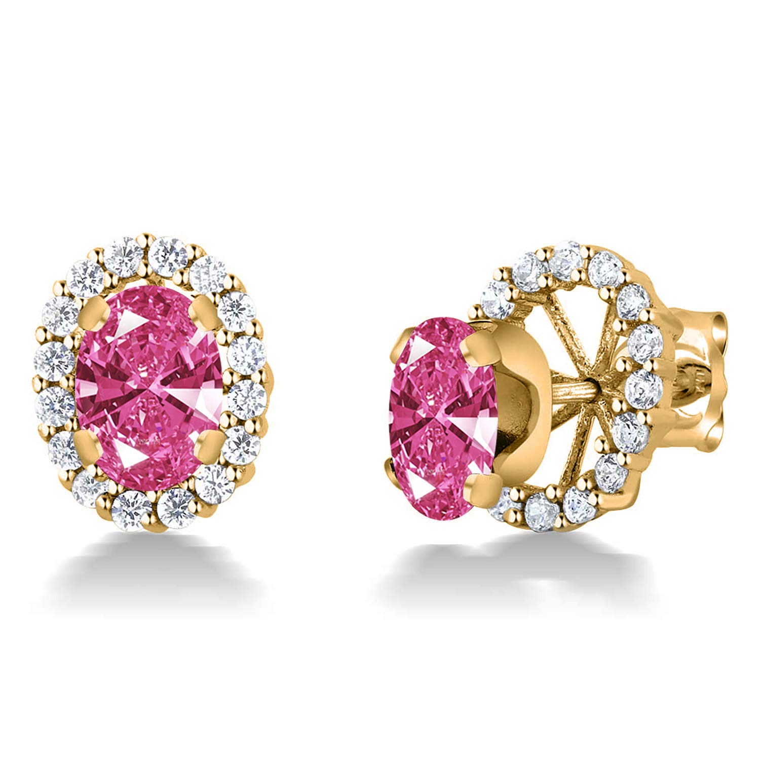 18K Gold Plated Silver Oval Pink Zirconia Stud Earrings for Women | Removable Jacket Design | Gem Stone King | Perfect for Parties, Weddings & Everyday Wear