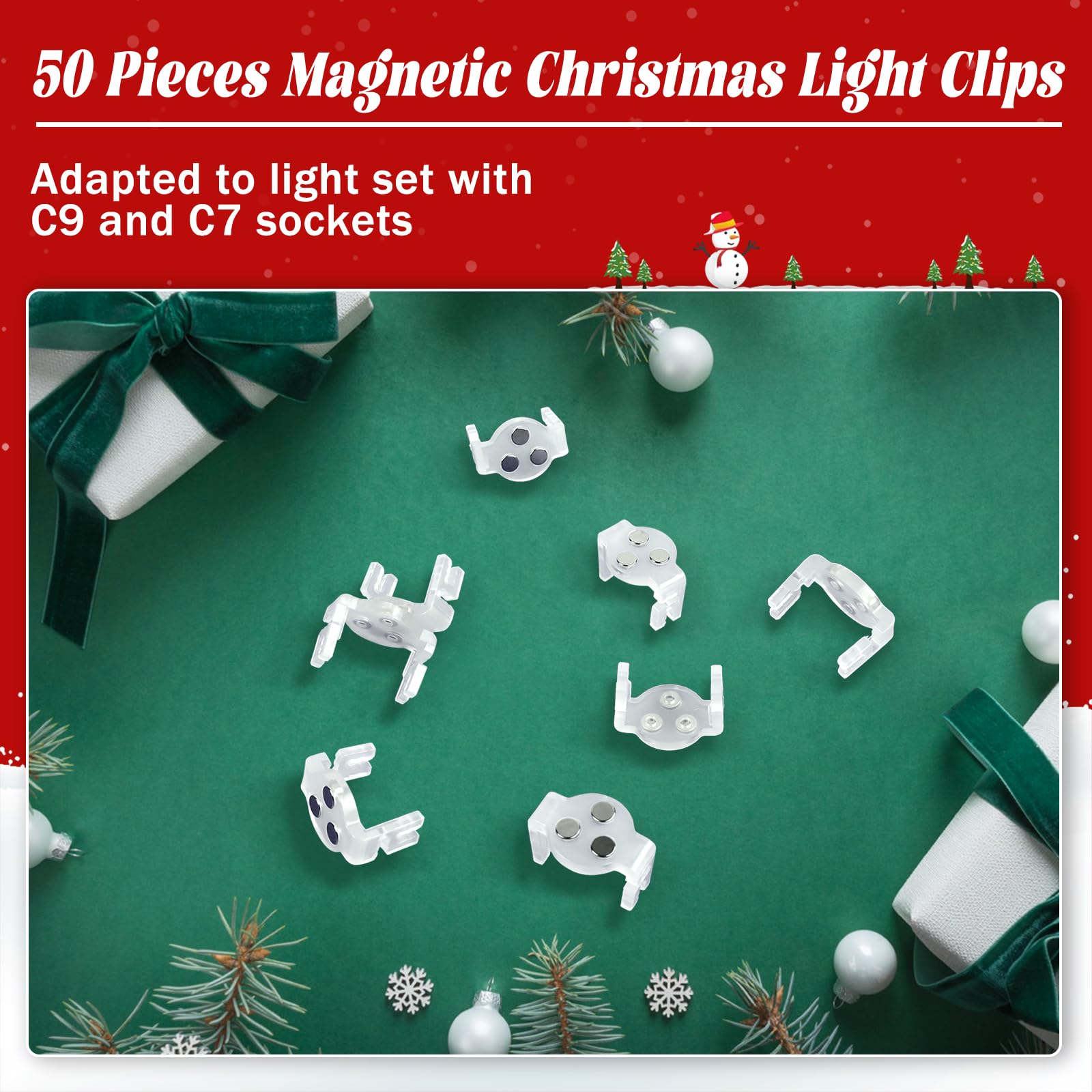 50 Pack UQM C9 Magnetic Christmas Light Clips - Heavy Duty Magnetic Hooks for Outdoor Holiday Lighting (C9, C7 Sockets, Metal Roofs & Gutters) - Perfect for Christmas Decorations, Patio Lights & Festive Home Exteriors