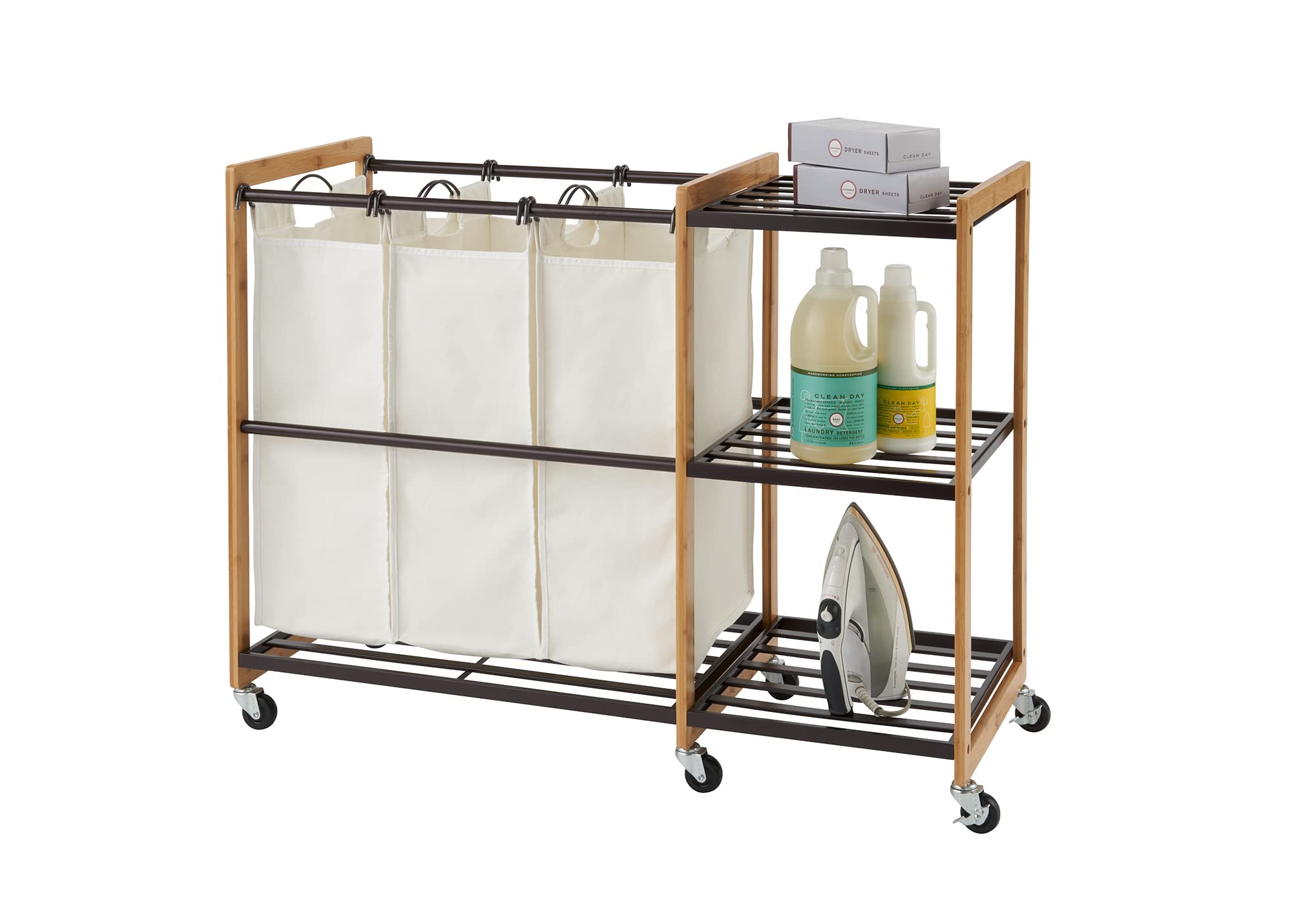 TRINITY 3-Bag Bamboo Laundry Hamper with Wheels - Foldable Laundry Organizer Cart with 3 Shelves & Bronze Poles for Bedroom, Closet, Dorm - Perfect for Small Spaces & Apartment Living