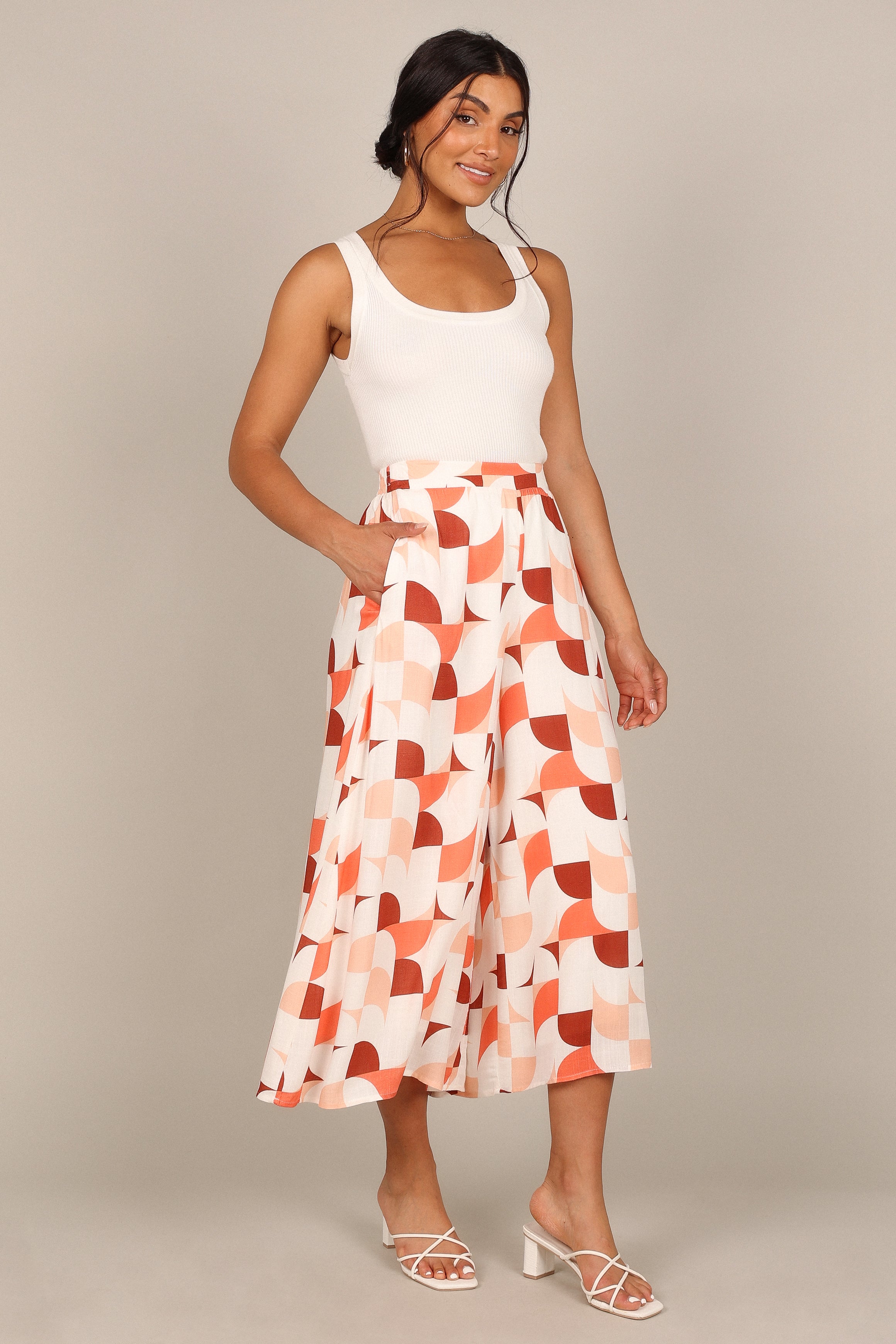 Cassandra High Waisted Pants for Women - White Printed Wide Leg Trousers | Comfortable Stretchy Fabric for Work, Office & Casual Wear
