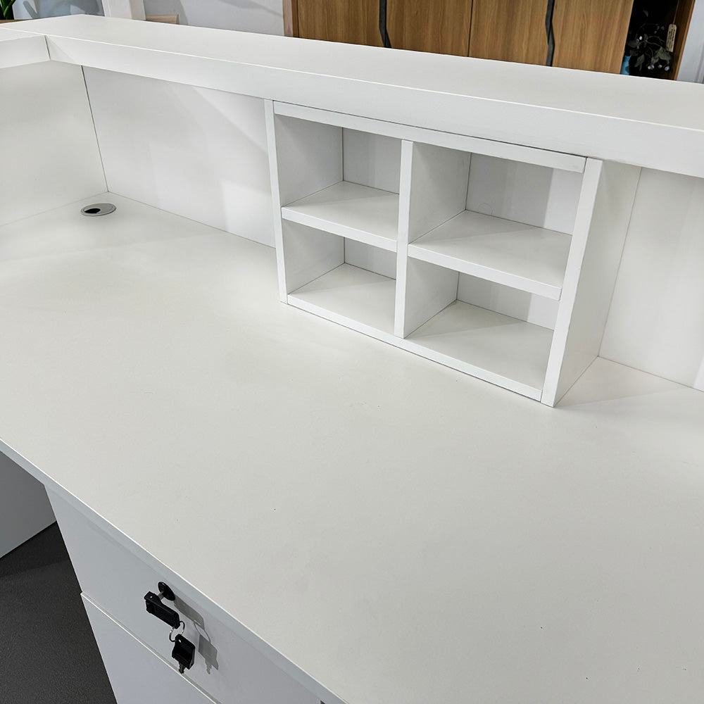 KENTO 240cm Modern Reception Desk - Timber Slat Acoustic Panel Design in White & Oak Finish - Perfect for Office Lobby, Hotel Front Desk, and Corporate Waiting Areas