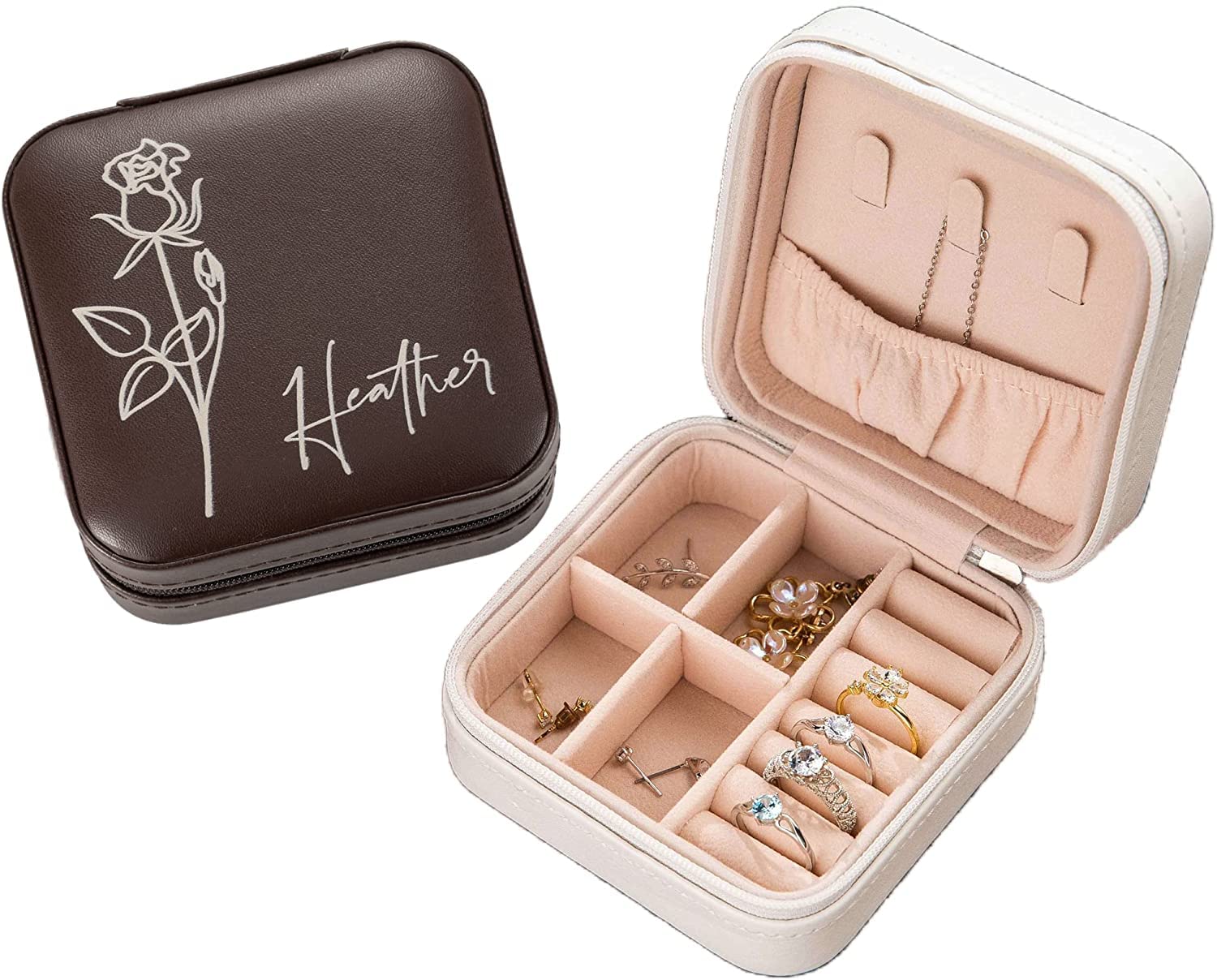 Personalized Birth Flower Jewelry Box for Women - Layered Jewelry Organizer with Custom Name, Travel Jewelry Case for Earrings, Rings & Necklaces - Perfect Gift for Wedding, Engagement, Birthday (Great for Home Storage & Travel Use)