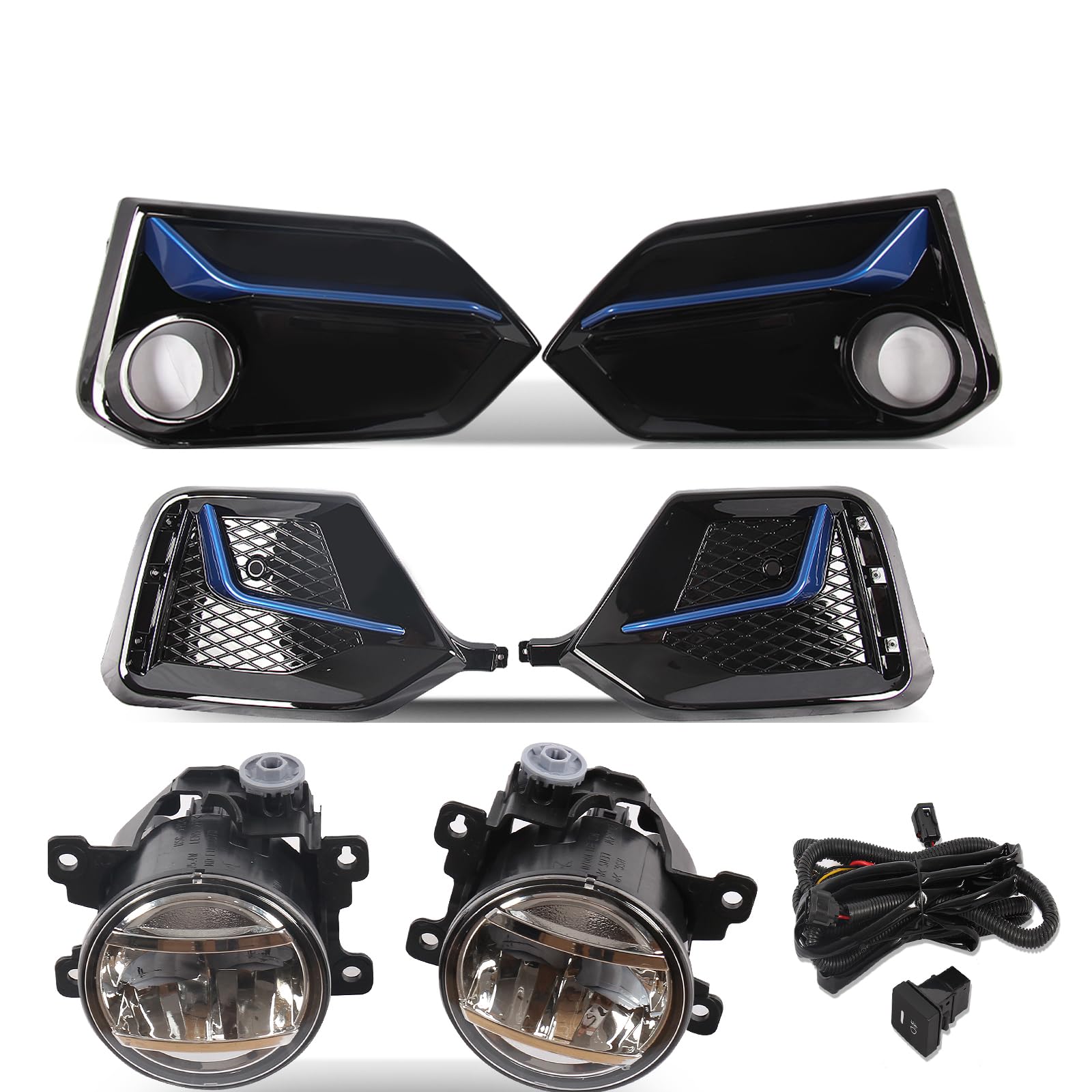 JX Racing Performance Front Rear Fog Light Cover with Blue Trim & LED Fog Lamp Kit - Includes Harness & Switch - Compatible with 2020-2021 Honda Civic Hatchback (Left/Right, Black) - Upgrade Your Night Driving Safety & Style