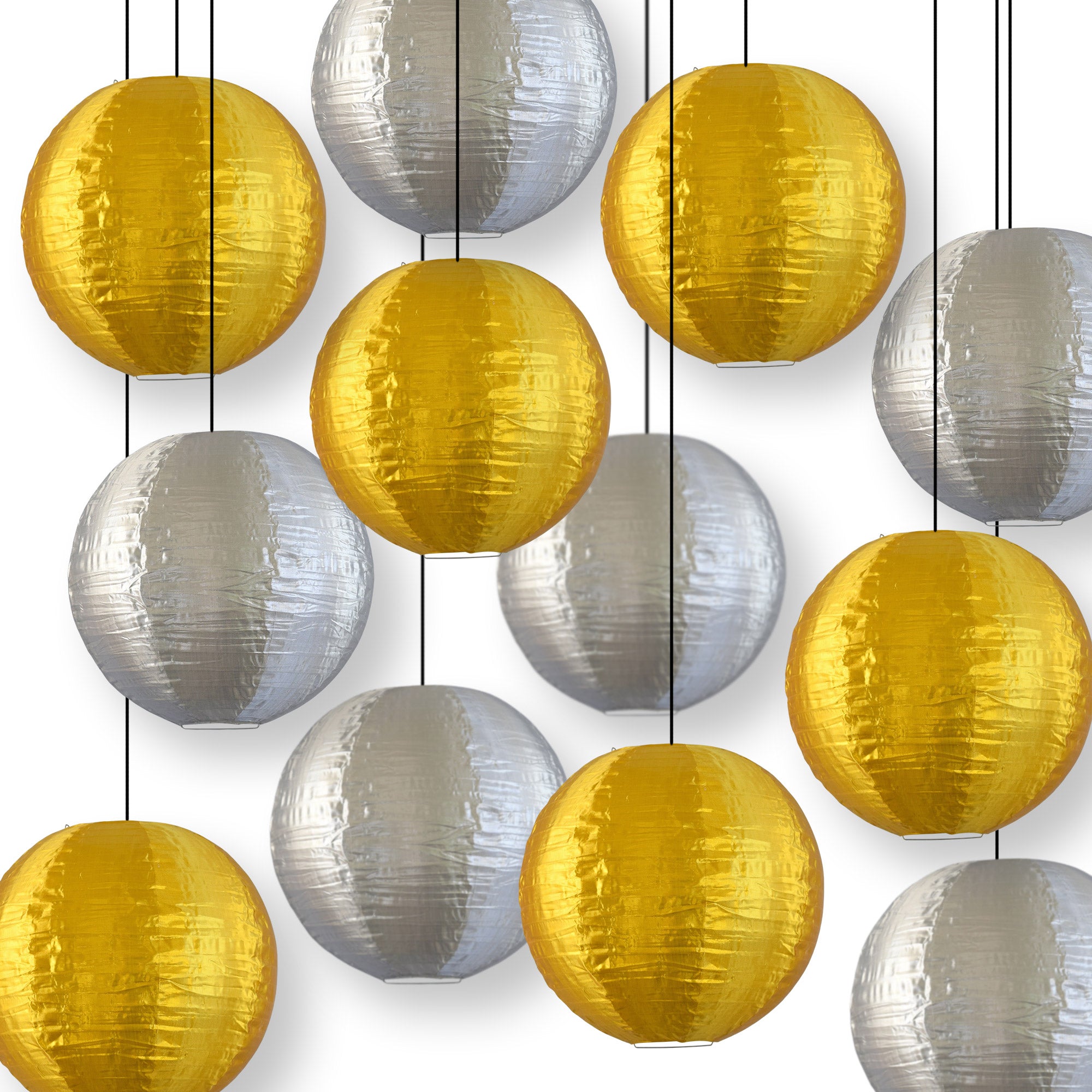 12 Pack Gold and Silver Nylon Lanterns - Durable Even Ribbing Hanging Decorations for Parties, Weddings & Outdoor Events