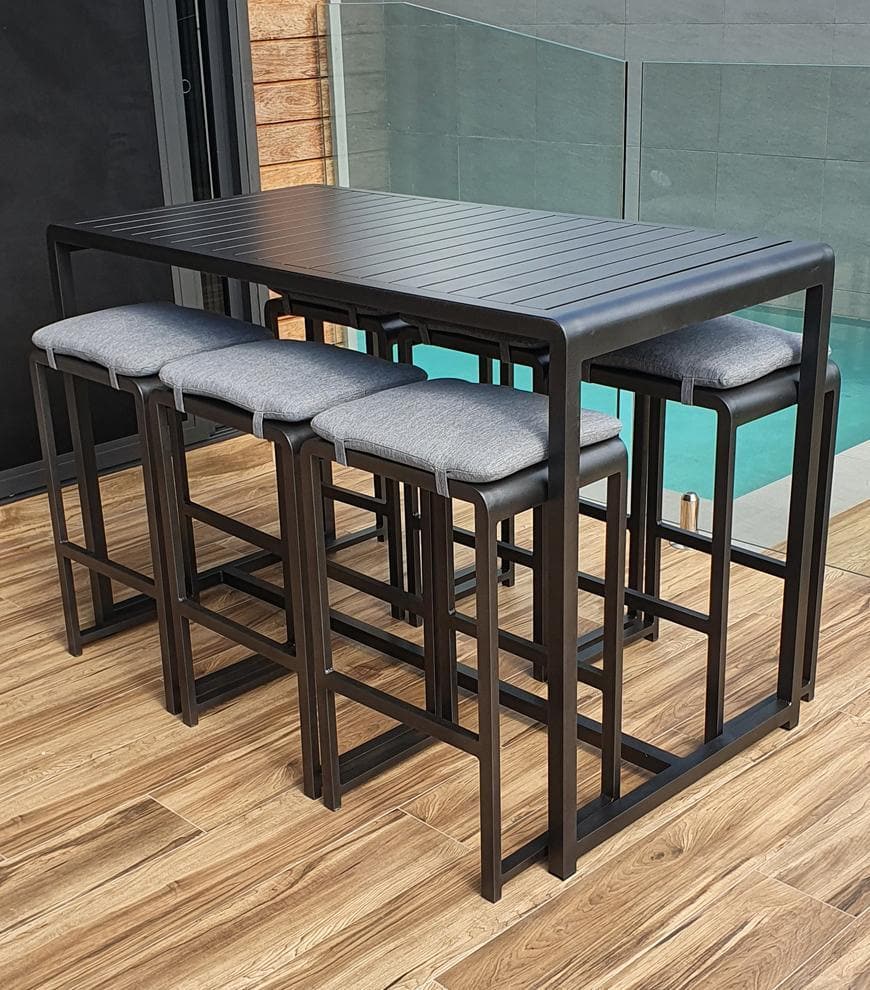 Premium Santorini 7-Piece Bar Set in Gunmetal Finish with Platinum Olefin Cushions - Perfect for Patio, Backyard, and Outdoor Entertaining