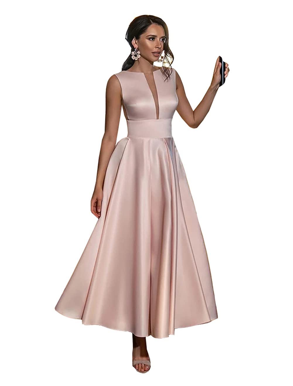 Emanni Women's Satin Formal Prom Dress A-Line Evening Gown in Nude Pink - Perfect for Homecoming, Wedding Guest & Cocktail Party