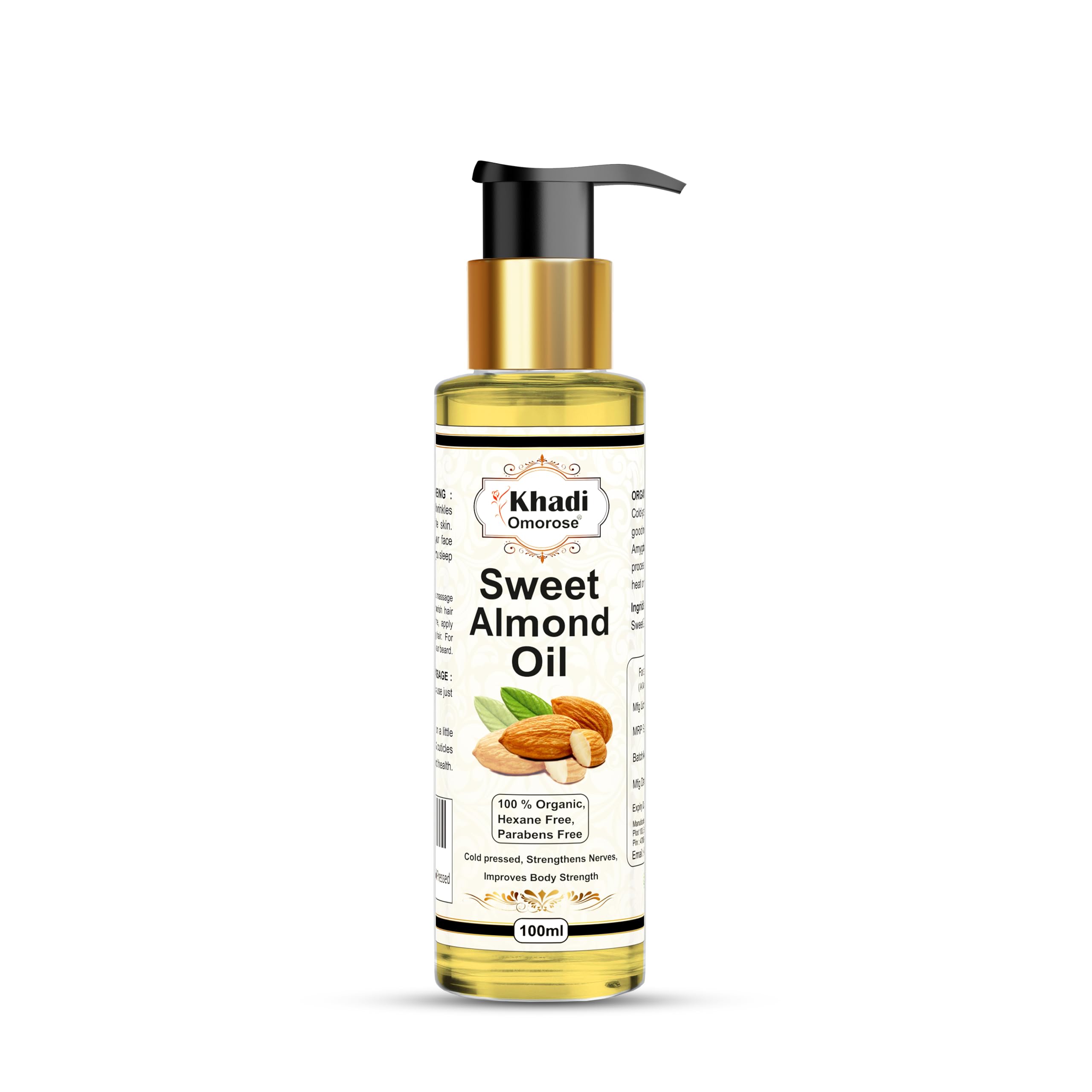 Khadi Omorose Sweet Almond Oil - 100% Pure Cold Pressed for Skin & Hair Care - 100ml | Moisturizing & Nourishing for Dry Skin, Hair Growth & Massage