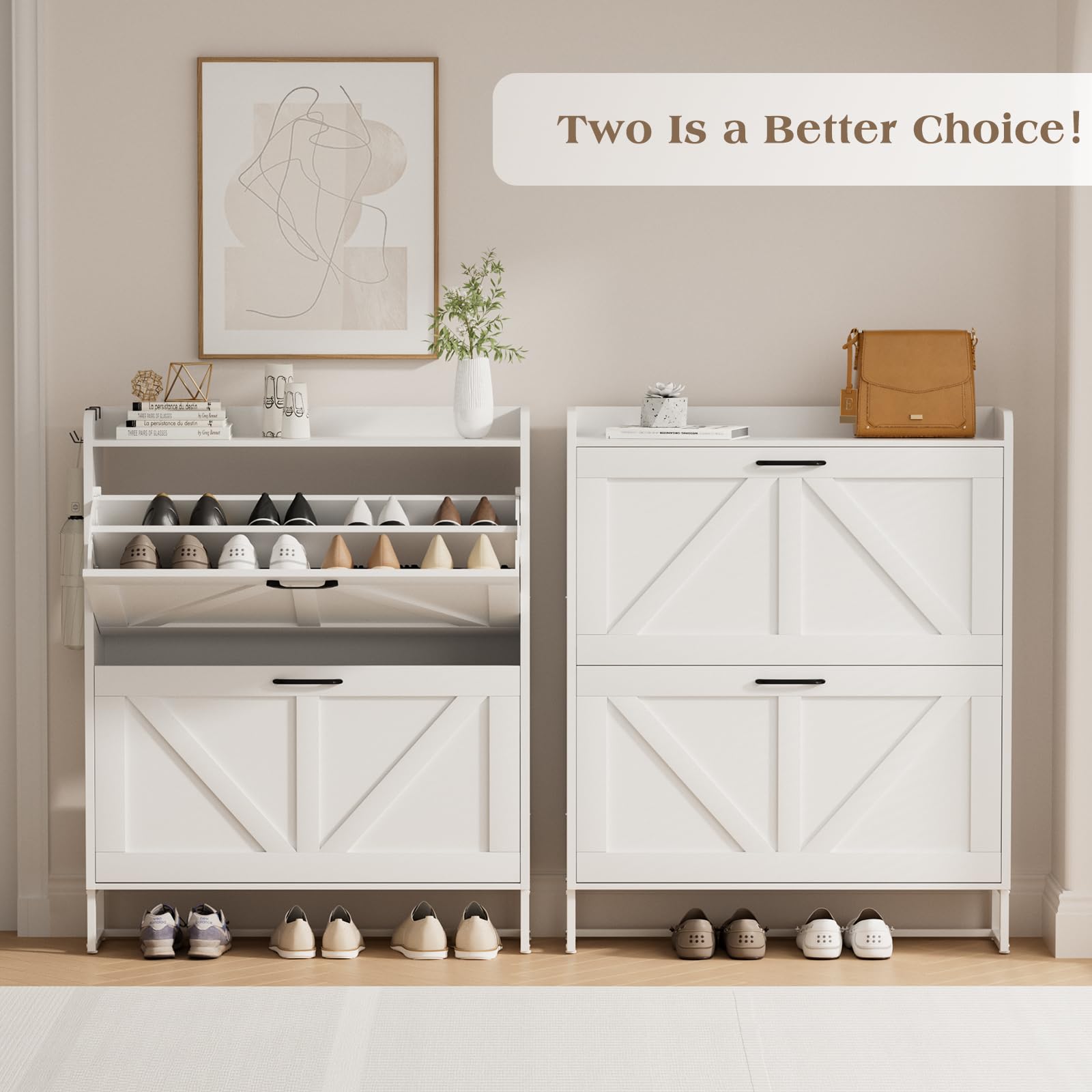 EOYUTLLY Narrow Shoe Cabinet for Entryway - Freestanding Shoe Storage Organizer with 2 Flip Drawers, Hidden Shoe Rack with Metal Legs, White - Perfect for Small Spaces, Hallway & Closet Organization