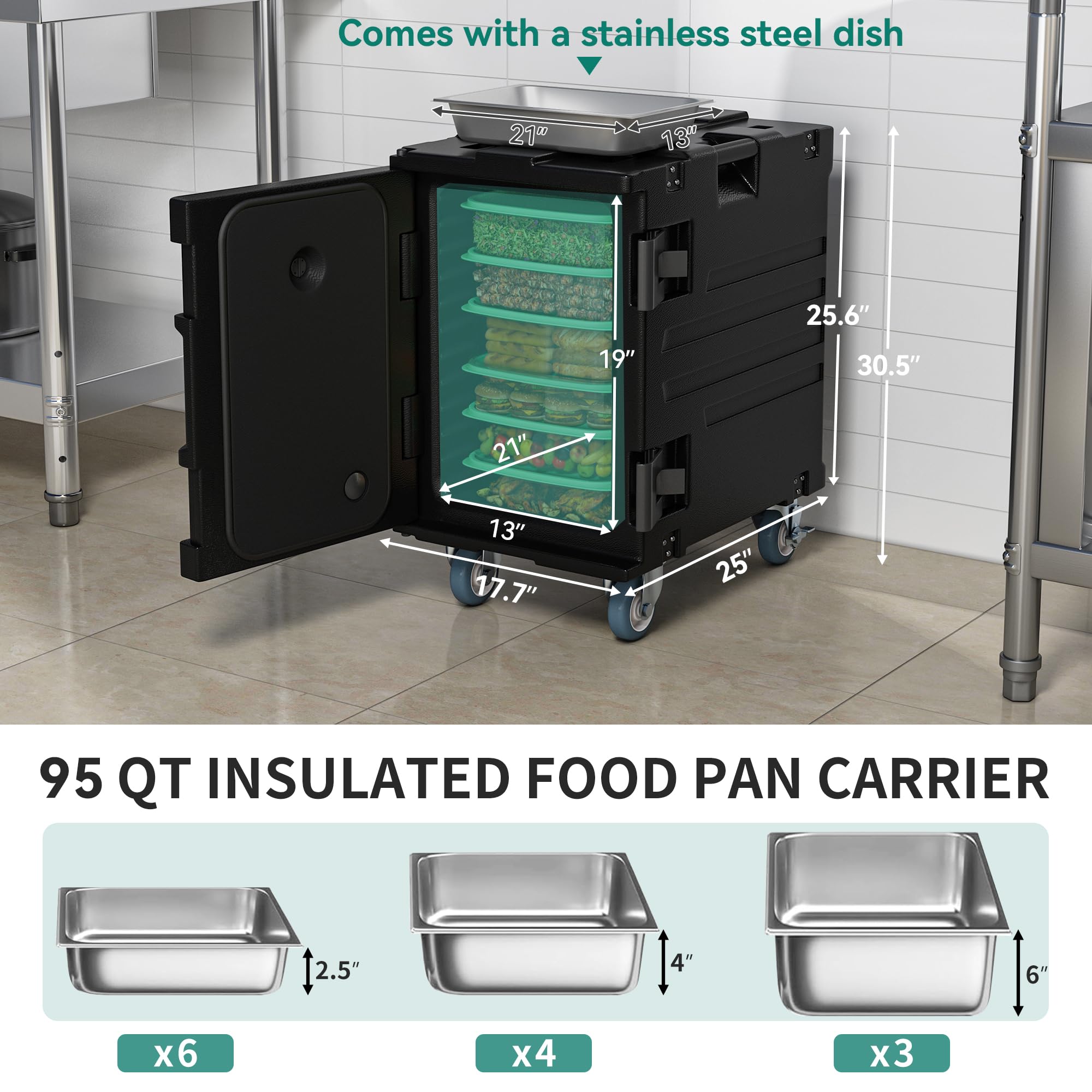 YITAHOME 95 Qt Insulated Food Pan Carrier - Stainless Steel Catering Hot Box with Swivel Casters for 6 Full-Size Pans | Stackable Restaurant Food Warmer for Buffets, Parties & Catering Events | Commercial Grade LLDPE Insulation for Food Safety & Temperature Retention