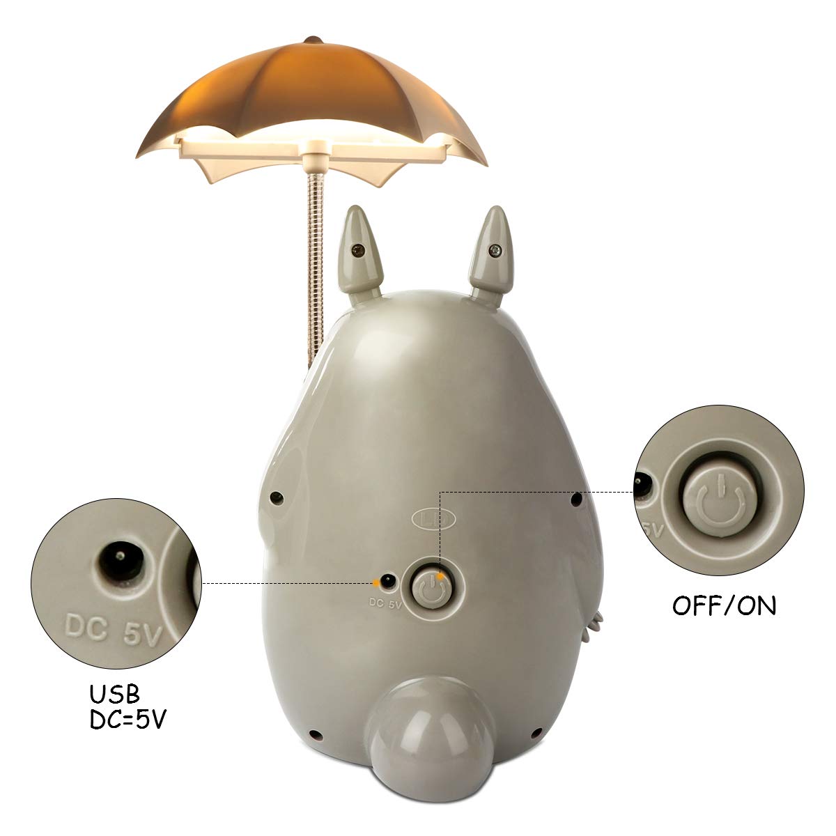 Awaiymi Totoro LED Night Light & Umbrella - Cute My Neighbor Totoro Character Lamp with USB Charging (White Belly) + Bonus Totoro Tumbler - Perfect for Kids' Room, Nursery Decor, and Anime Gift