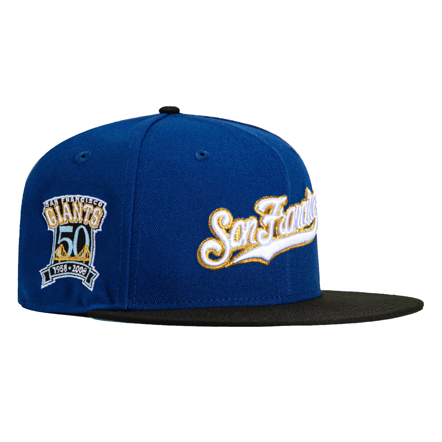 New Era 59Fifty San Francisco Giants 50th Anniversary Patch Script Premium Hat - Royal & Black - Official MLB Baseball Cap for Fans & Collectors - Perfect for Games, Gifts & Streetwear Fashion
